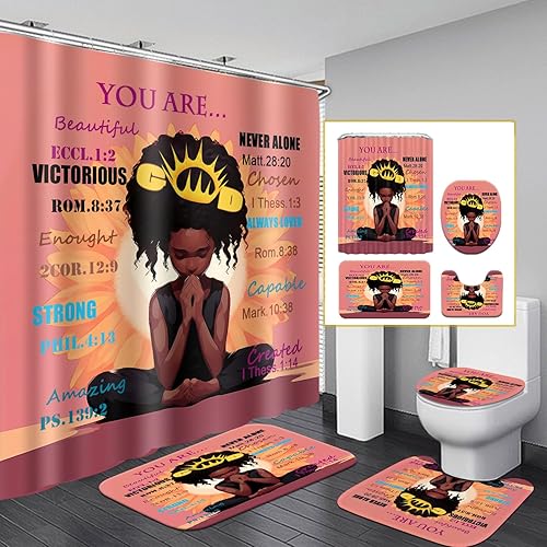 4PCS Romantic Sunflower Black Girl Bathroom Shower Curtain Sets with Rugs, African American Praying Girl Shower Curtain Set with Hooks, Inspirational Quote Soft Shower Curtains Bath Mat Set