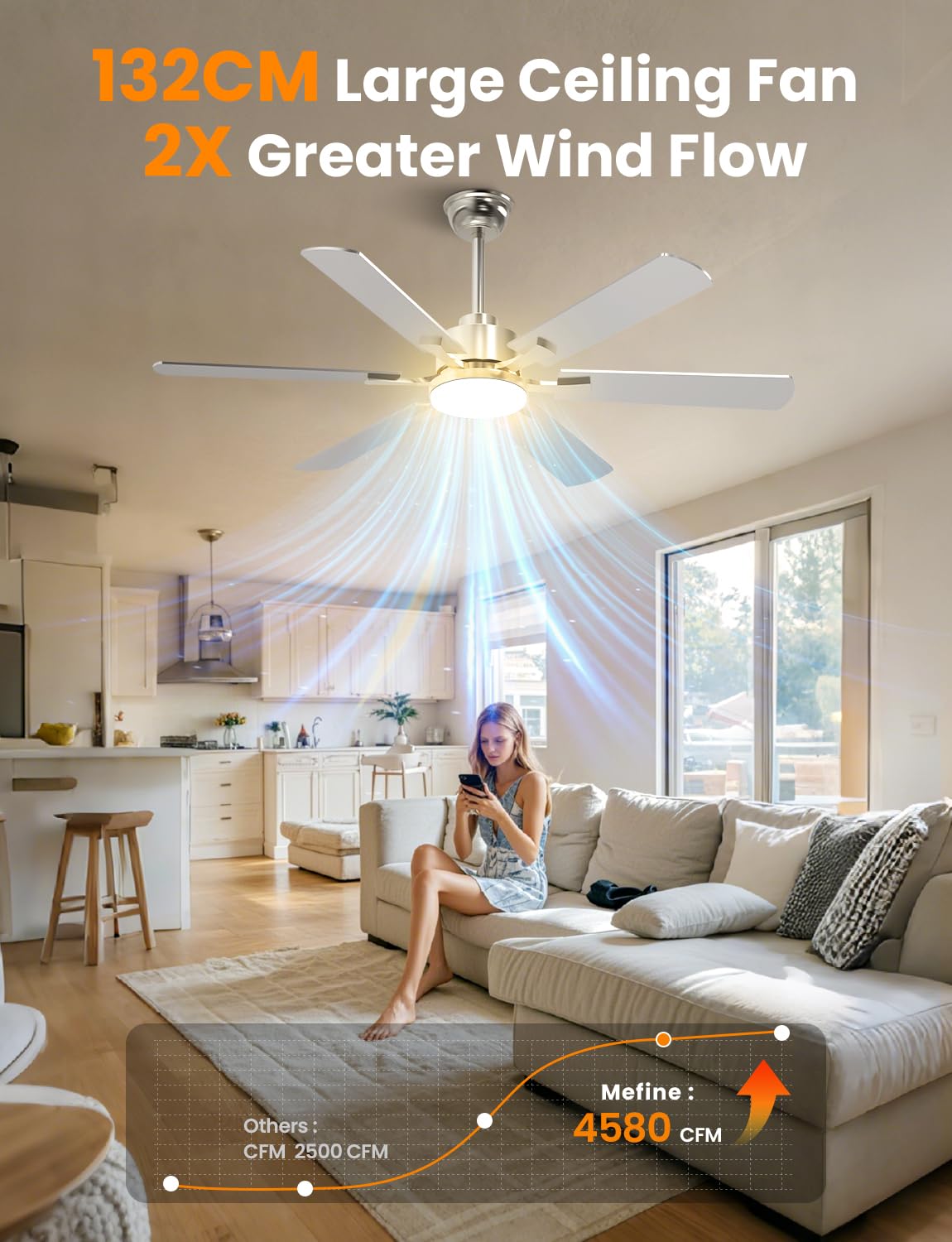 Ventilatore da Soffitto con Luce, 132cm Grande Ventilatore Soffitto con Luce e Telecomando, LED Lampadario Ventilatore con Silenzioso Reversibile DC Motore per Camera da Letto, Soggiorno
