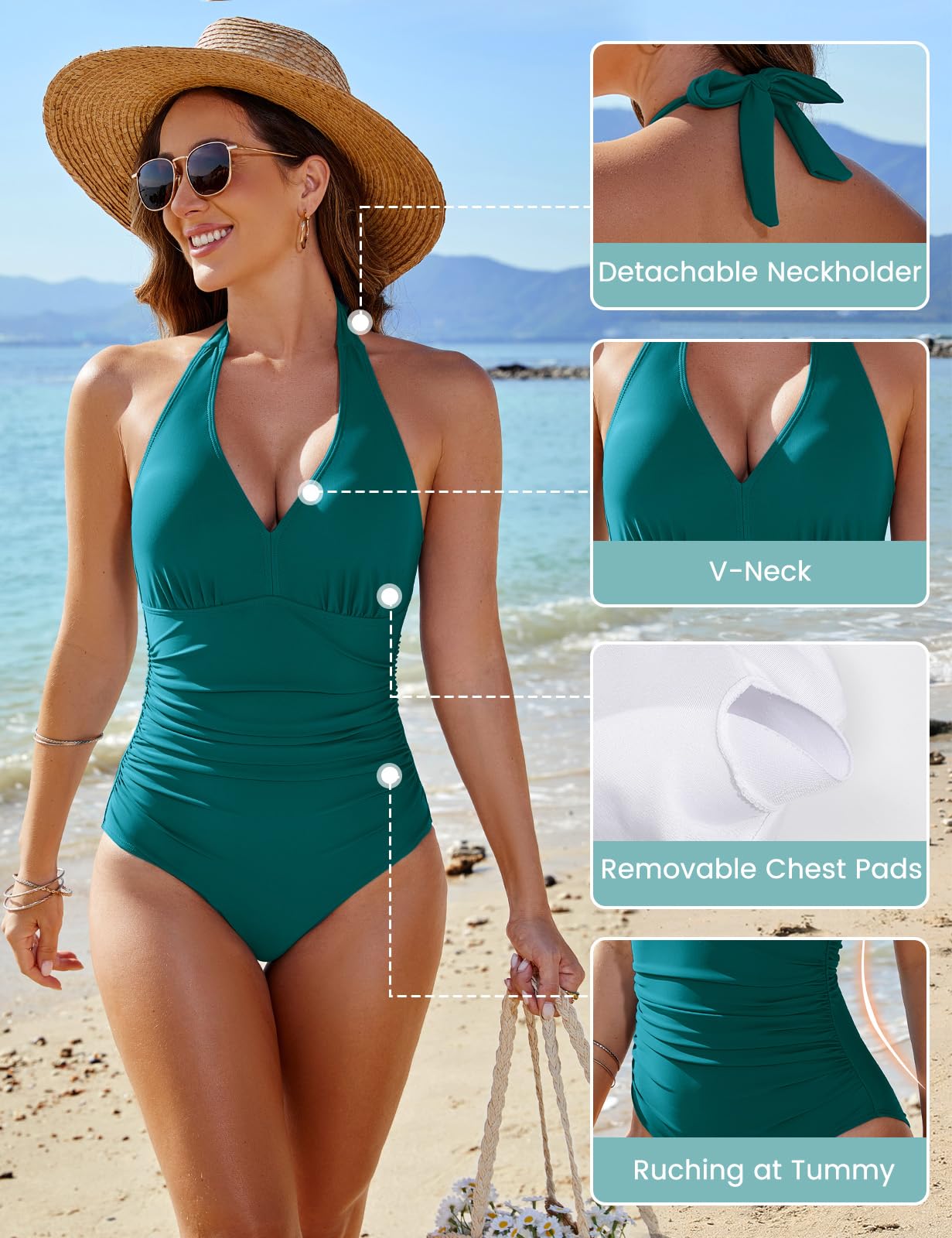CMTOP Costume Intero Donna Contenitivo Scollo a V Costume da Bagno Push Up Imbottito Reggiseno Costumi Interi Curvy, Controllo della Pancia Vita Alta Costumi Mare Elegante Swimsuit