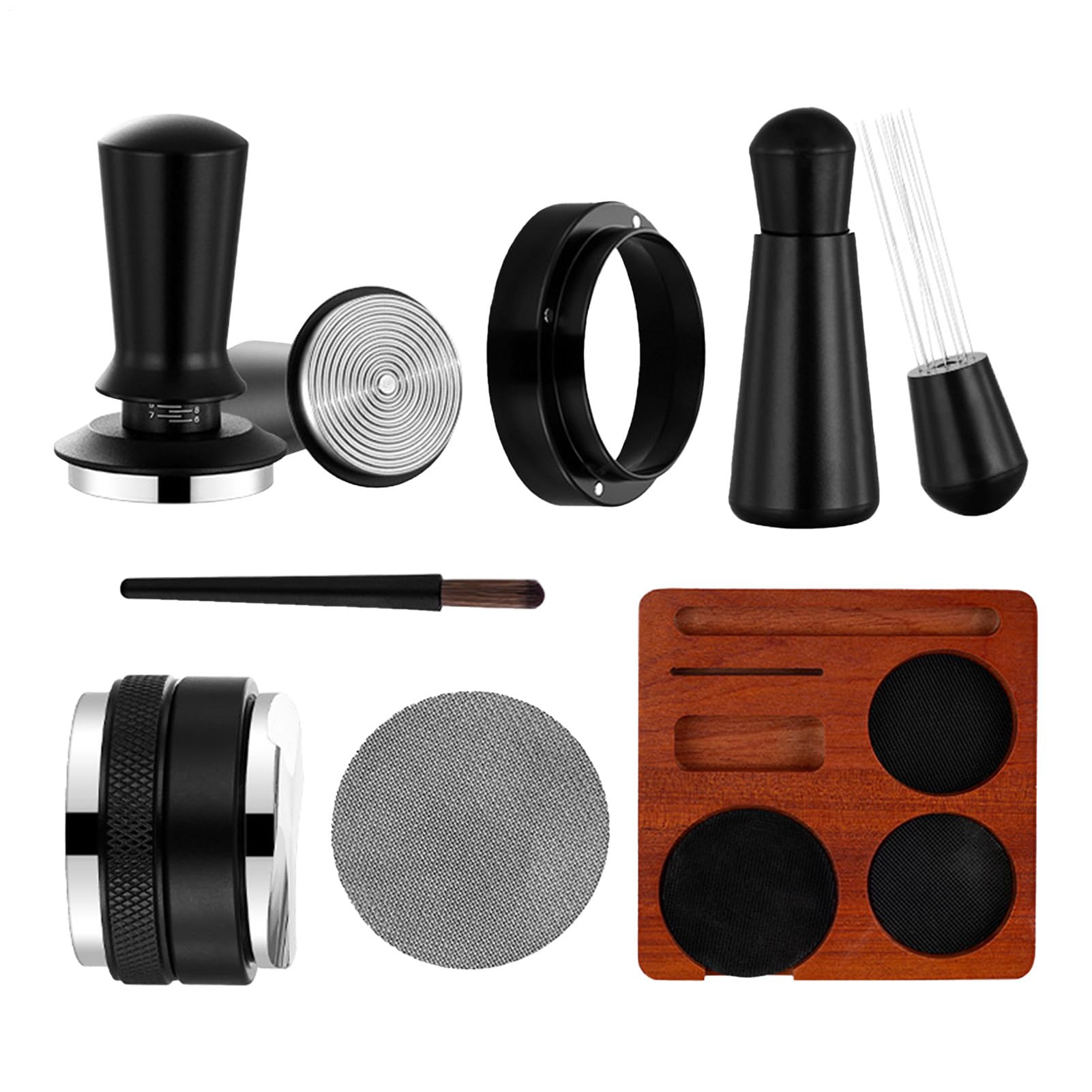 Kit Apisonador para Café - 7 Piezas de Utensilios Ergonómicos Antideslizantes,Embudo Dosificador, Apisonador y Nivelador - para Hogar Cocina Estudio Bar Mostrador Tienda
