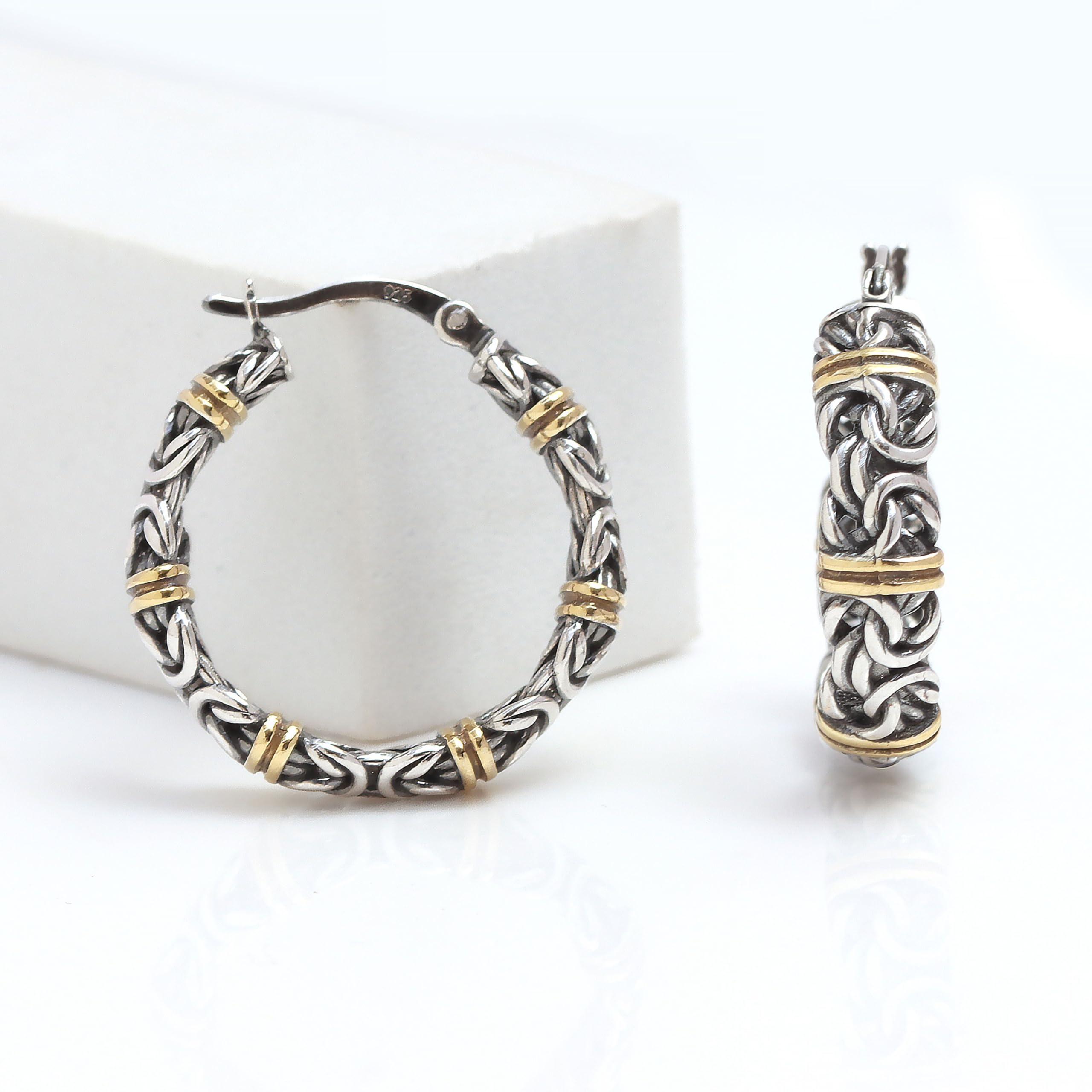 LeCalla Aros ligeros estilo Bali de plata de ley 925 de con cierre de clic antiguo de dos tonos para mujer