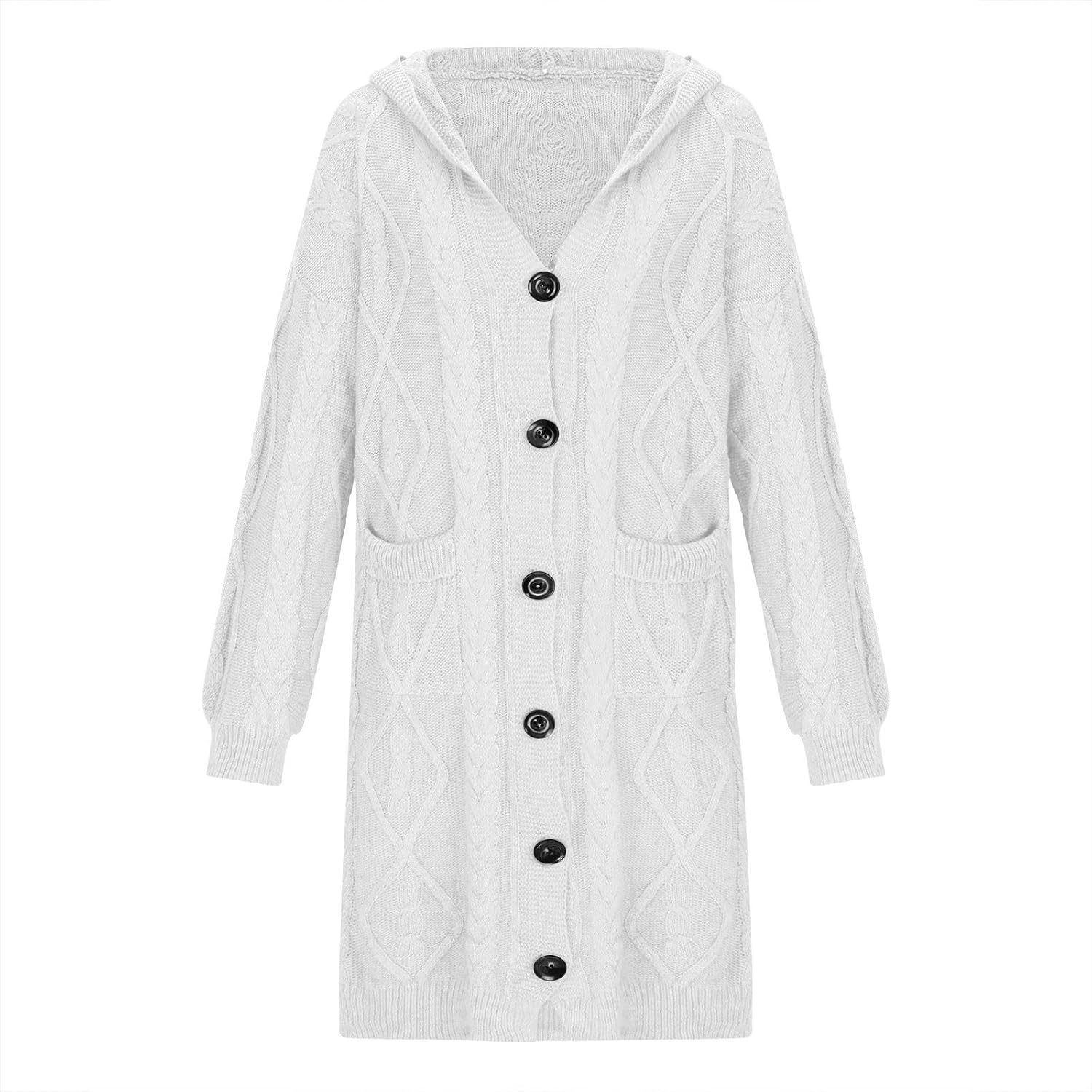 Hooded Cardigan Sweater for Women Fall Winter Cable Knit Coat Button Down Chunky Long Coats with Pocket