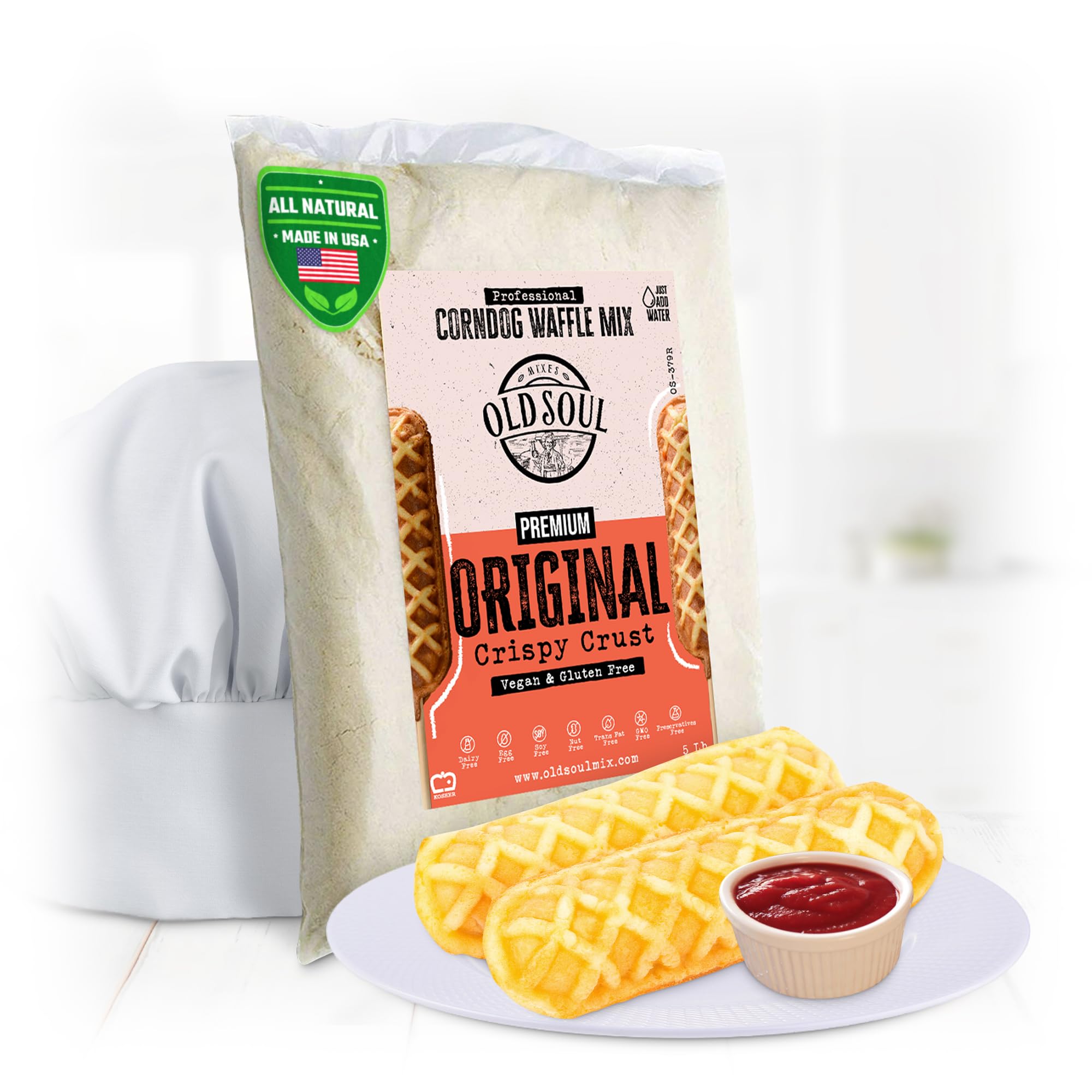 OldSoul Professional Corndog Waffle Mix | GLUTEN FREE & VEGAN | Original Flavour | 5 Lbs | 140 Waffles (5 Lbs, Gluten Free & Vegan)