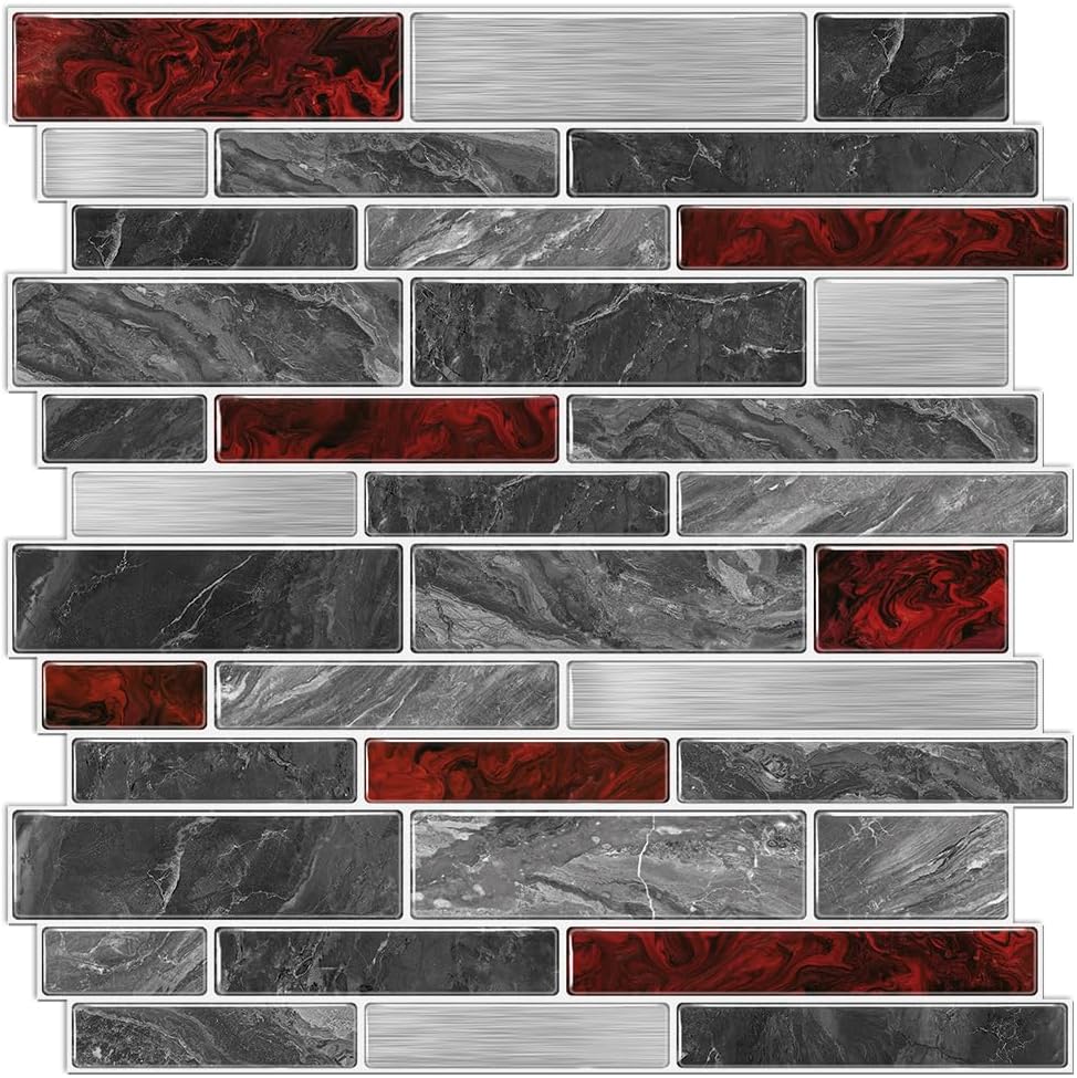 Alwayspon 10 Sheets 12" x12inch Black and Red Marble Effect Vinyl Tiles, Backsplash, Self-Adhesive Peel and Stick Wall Tile Stickers, Stick on Subway Tiles for Kitchen Bathroom Wall Decor 10 Black and Red Marble