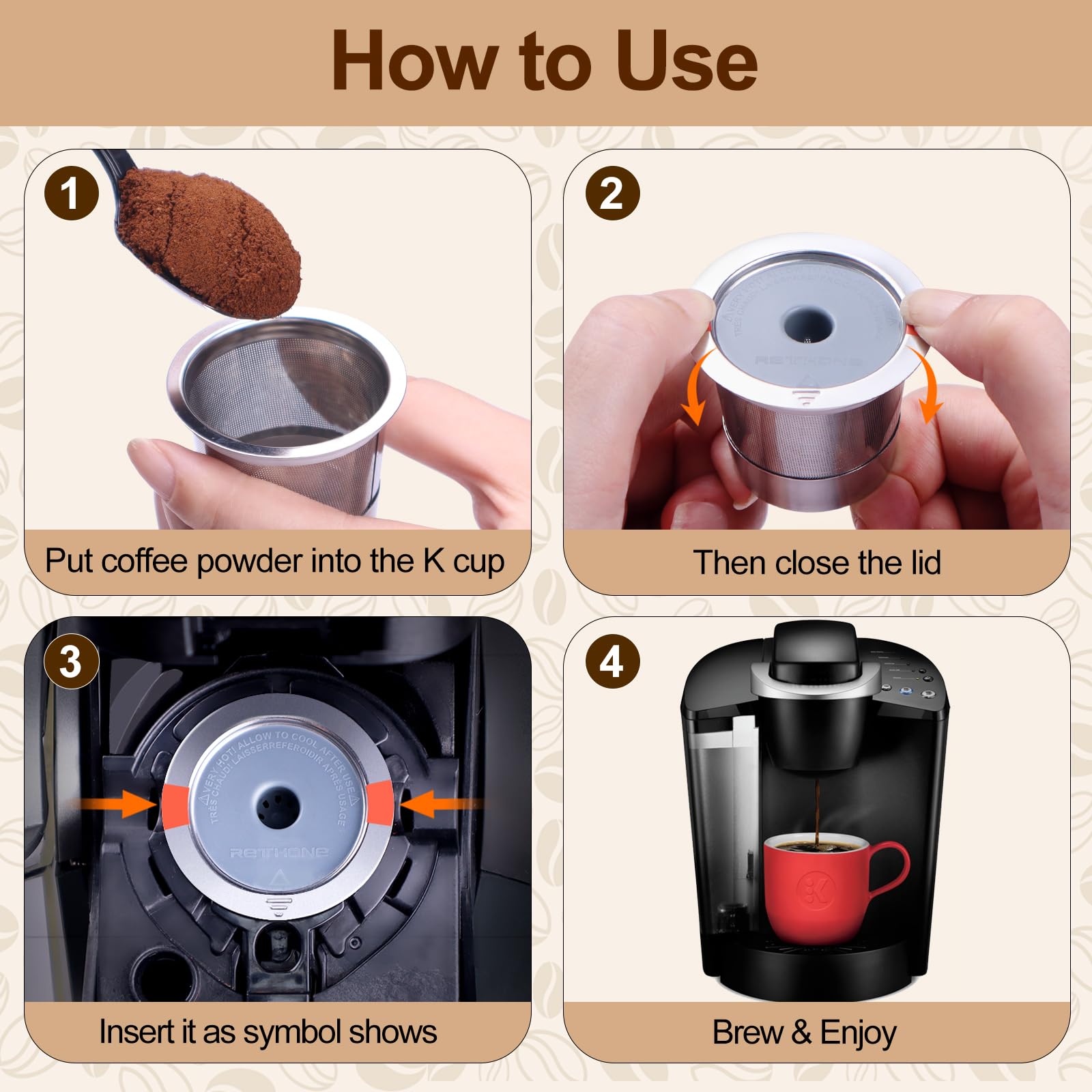 RETHONE K Cup - Cápsulas de café reutilizables, filtro de café reutilizables de acero inoxidable compatible con cafeteras Keurig 1.0 y 2.0, filtros de café recargables sin BPA (paquete de 4)