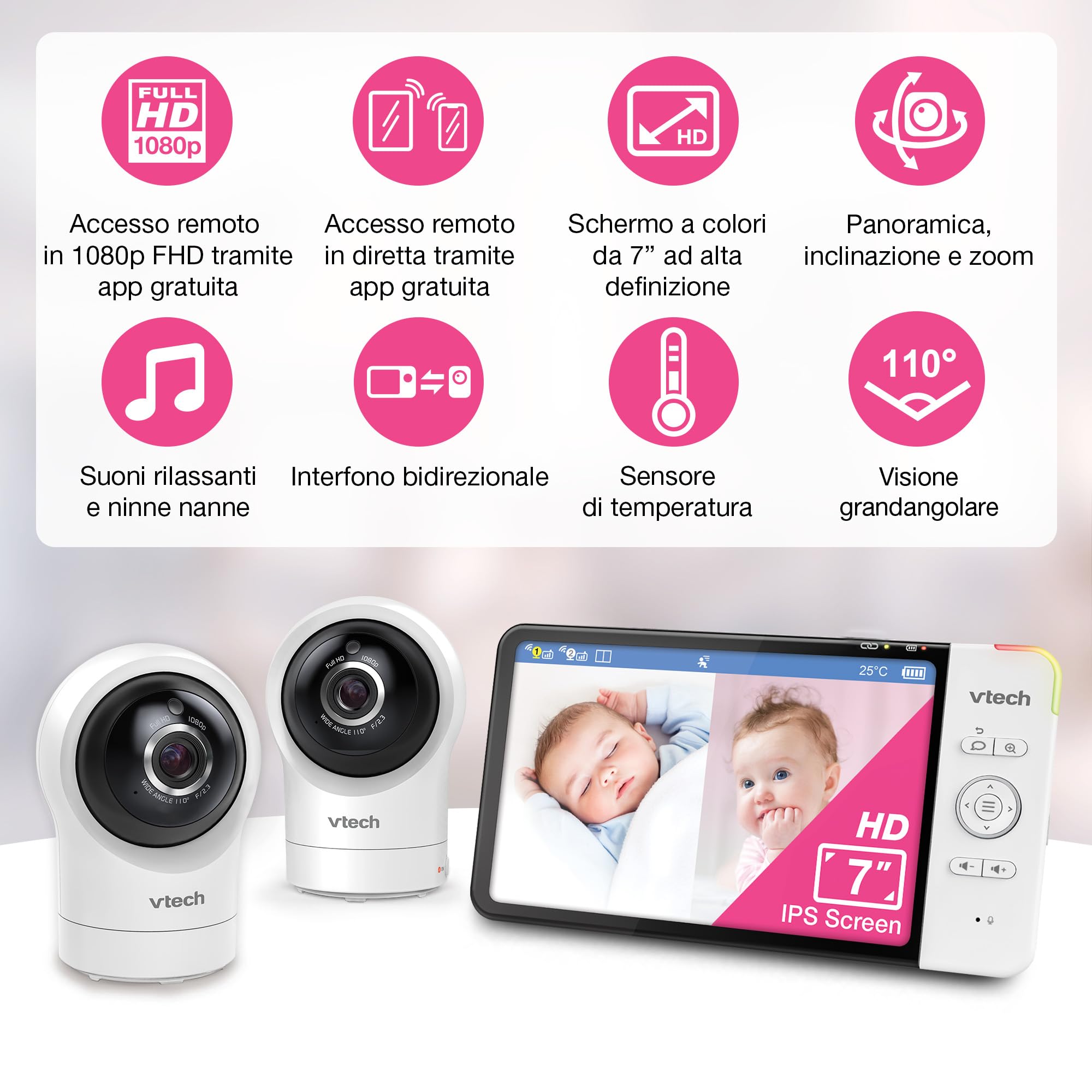 VTech baby monitor smart Wi-Fi con 2 telecamere, schermo HD a colori da 7", videocamera FHD 1080p, app gratuita, controlli panoramica, inclinazione e zoom, ninne nanne, suoni rilassanti: RM7764-2HD