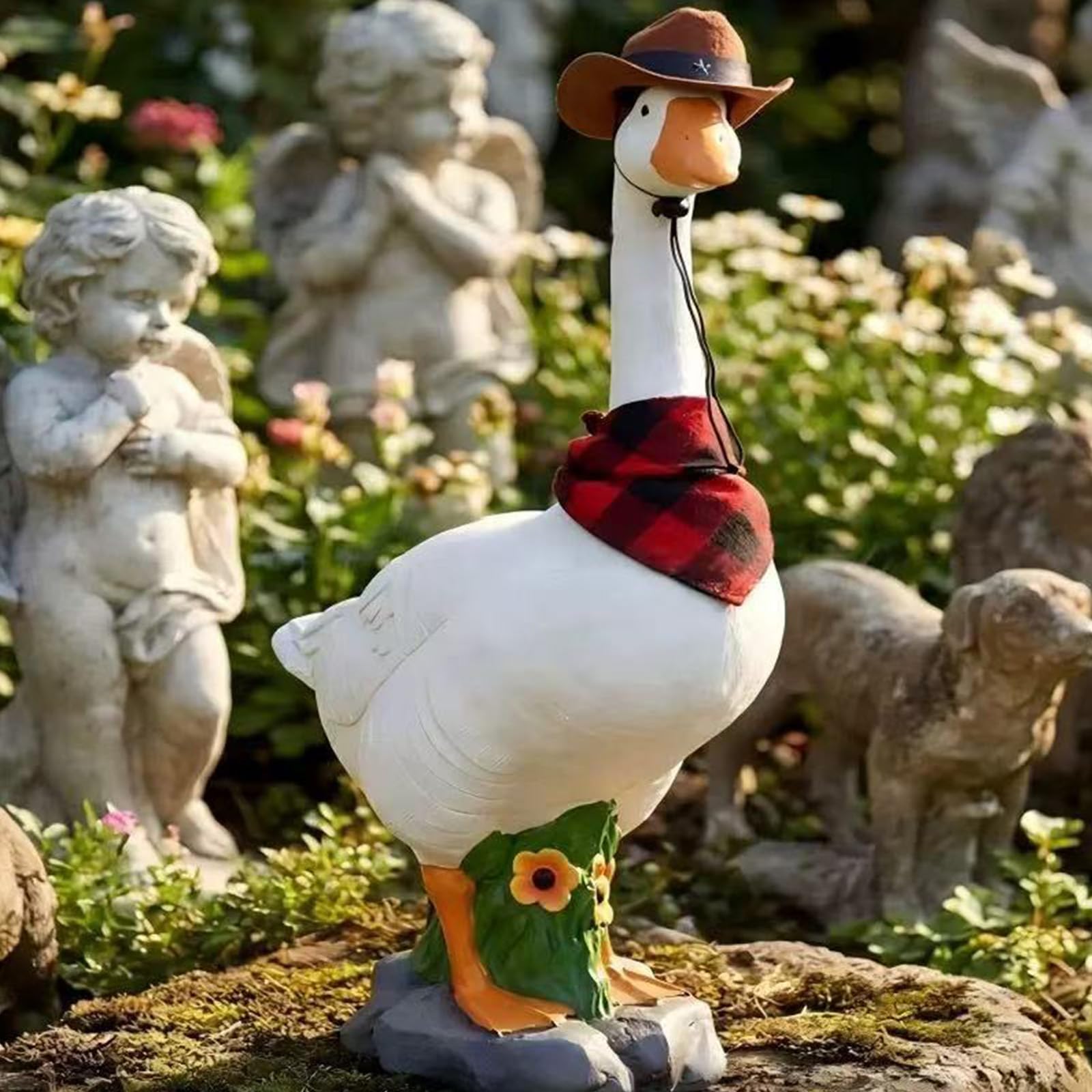 ALINUOYQ Realistic Large Porch Goose Statue, Realistic Hollow Plastic Garden Goose with Removable Cowboy Hat Head Scarf, Garden Gooses Figurine with Sand-Fillable Design for Indoor Outdoor Stability