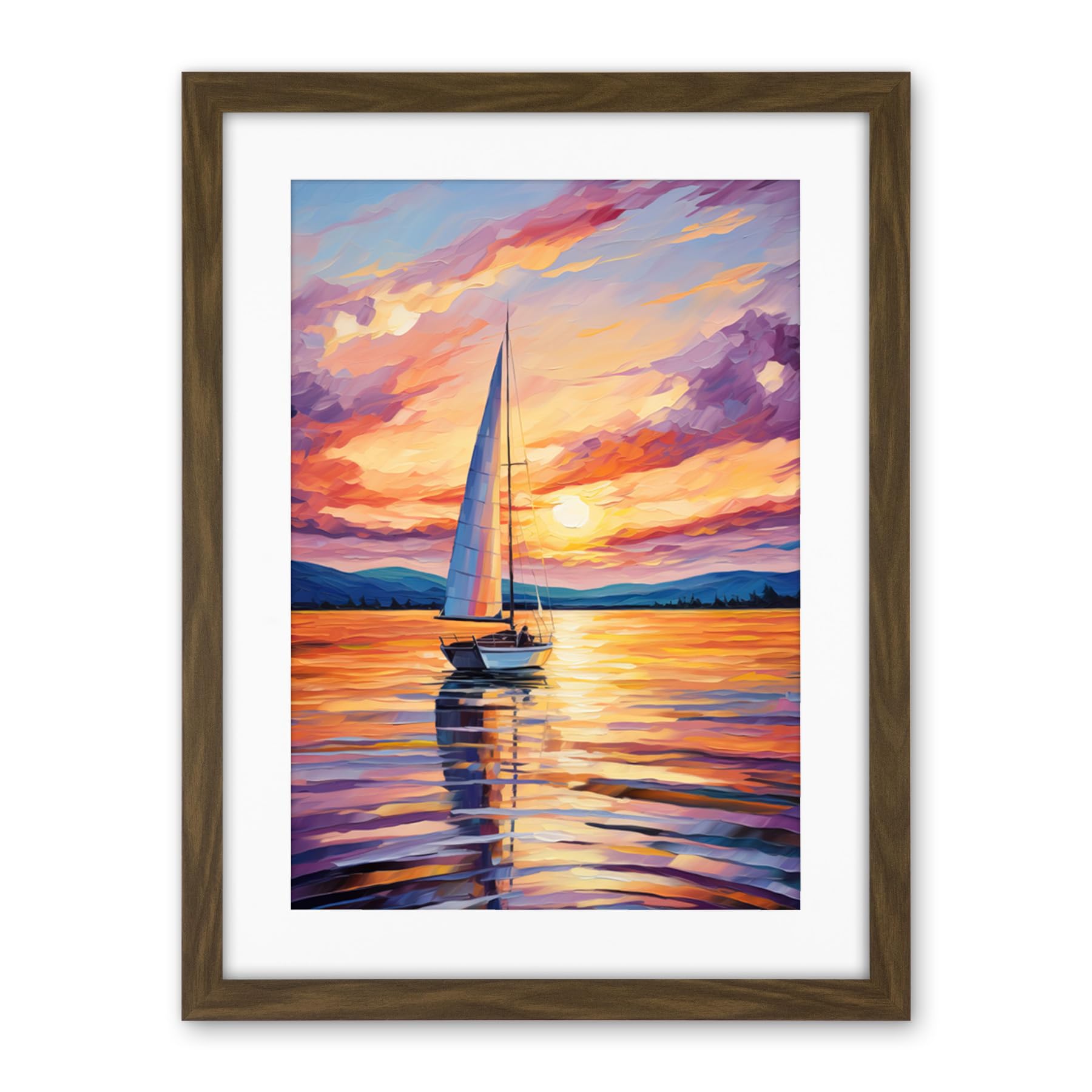Artery8 Sunset Sailing Vibrant Oil Painting Orange Purple Blue Bathroom Artwork Sail Boat Seascape Artwork Framed Wall Art Print 18X24 Inch