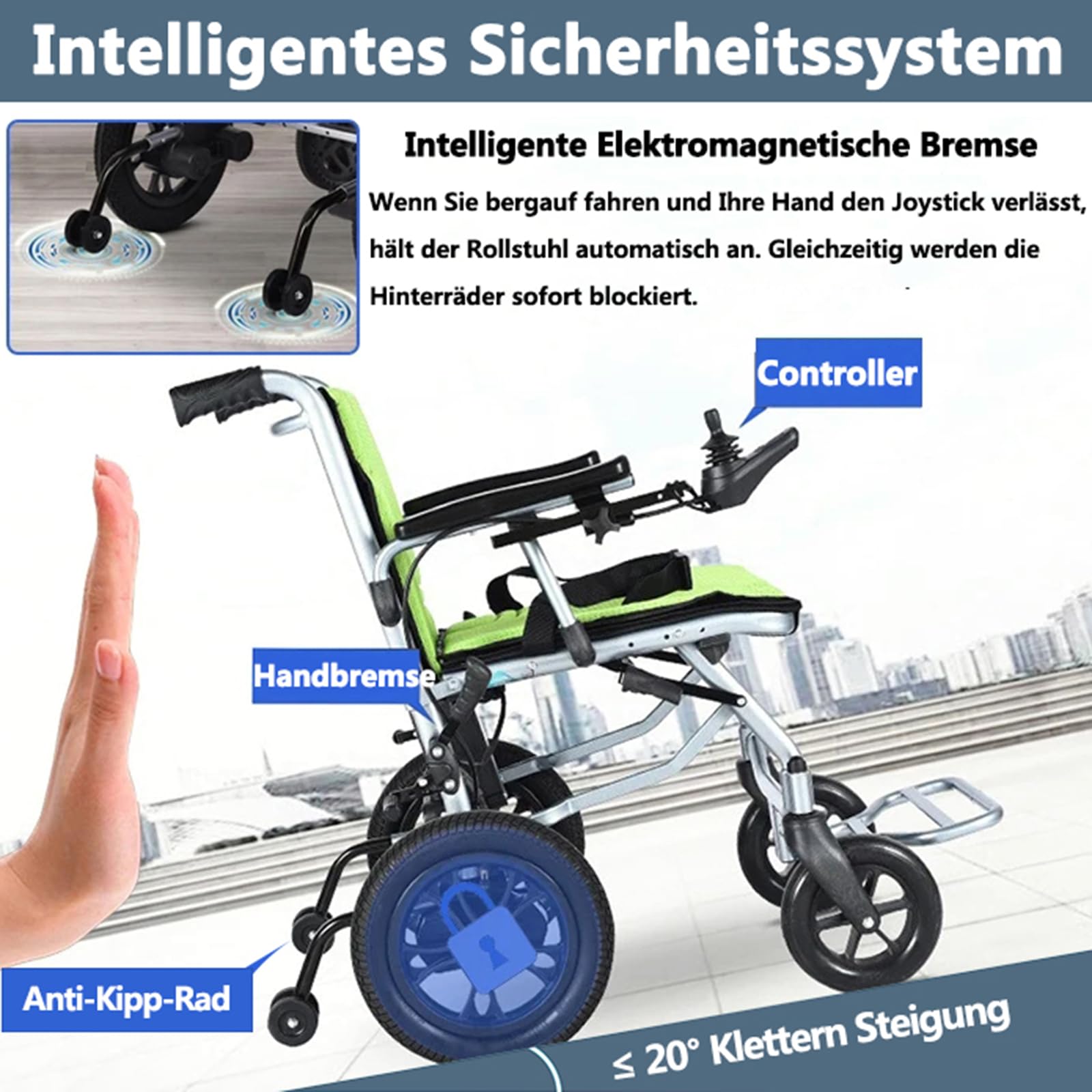 AMITD Elektrischer Rollstuhl Faltbar Leicht Luftfahrt-Zertifizierung 15 kg 20 km bis 120 kg Elektrorollstuhl mit Doppelsteuerung Herausnehmbar Li-Akku Intelligente Bremse, für Indoor Outdoor Reise