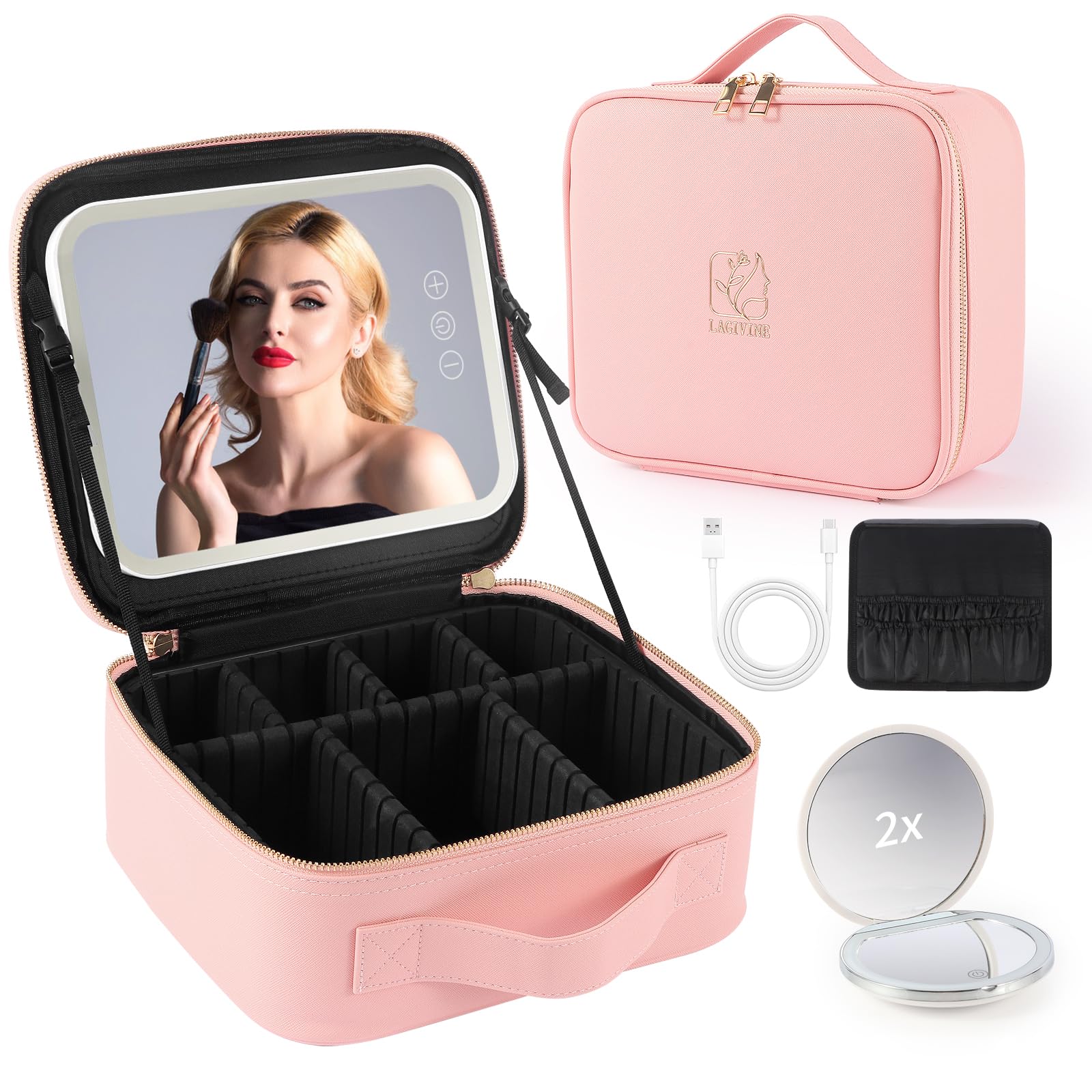 LAGIVINE Travel makeup bag with LED mirror, adjustable divider removable waterproof makeup bag, portable makeup bag designed for women., Pink, Have Mirror