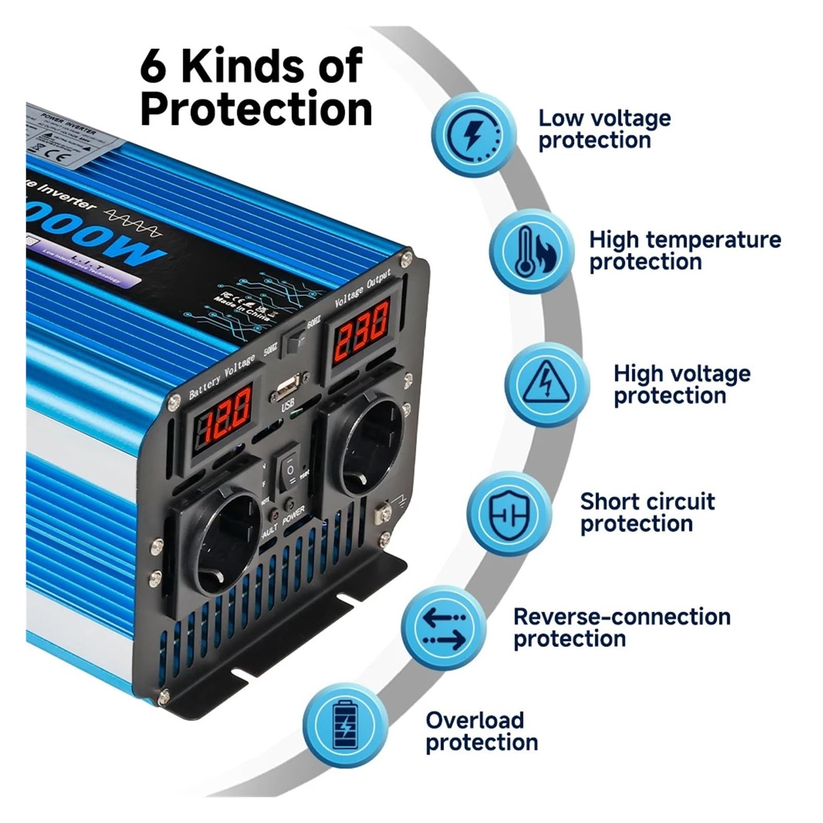 Convertidor Inversor Transformador Inversor Solar De Onda Sinusoidal Pura 5 KW/6 KW/7 KW/8 KW Convertidor Voltaje 12 V/24 V A 220 V Pantalla LED Toma USB Dual(DC12V,5000W EU)