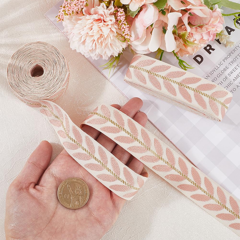 CABODYALS 8.23M 25mm Pink Jacquard Ribbon Vintage Leaf Pattern Embroidered Fabric Ethnic Style Woven Gold Trimmings Polyester Ribbons for Sewing Making Diy Craft Clothes Curtain Decor Gift Wrapping - Image 3