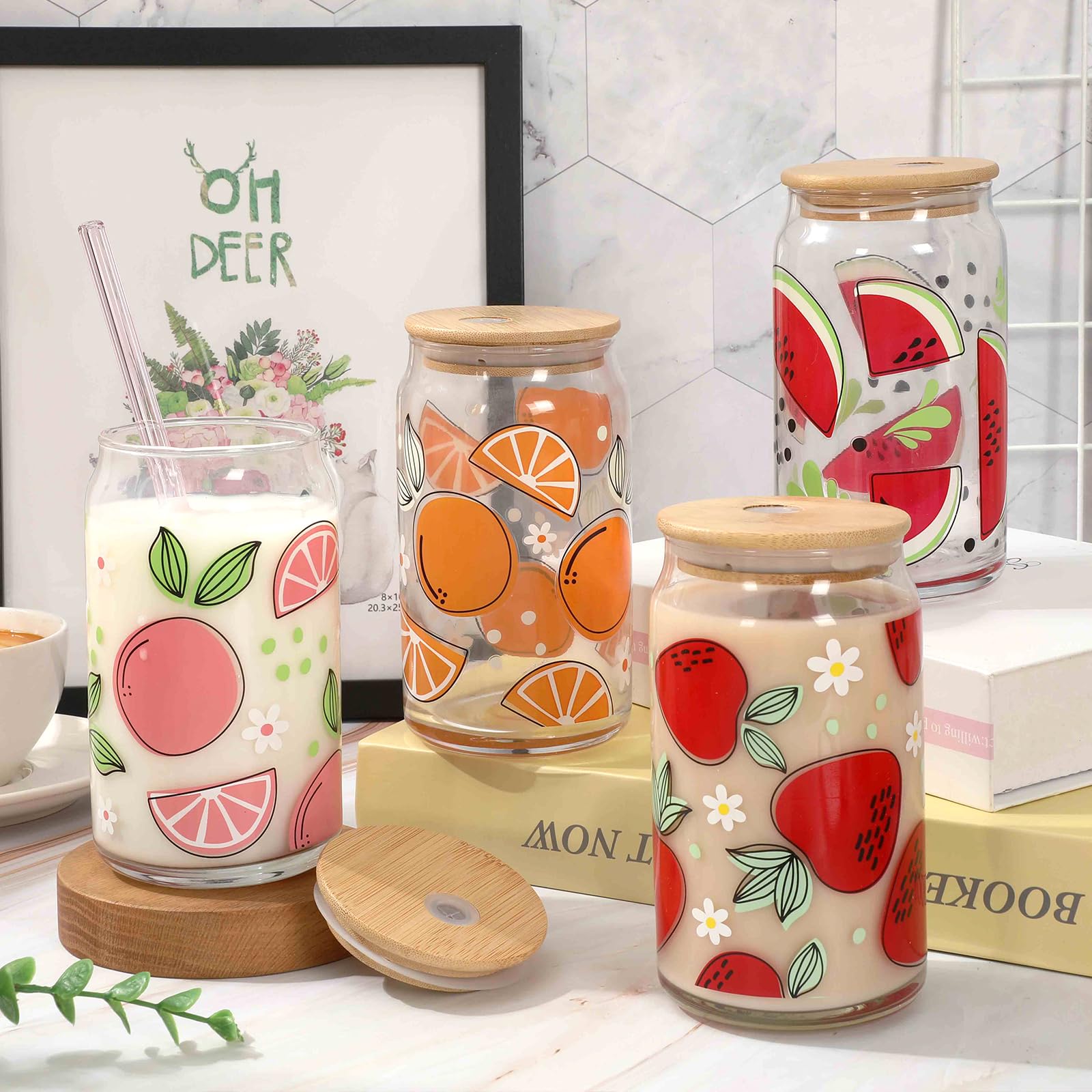 Whaline Frucht-Trinkgläser, buntes Obstglas, 473 ml, Eiskaffeebecher mit Deckel und Strohhalm, für Sommer-Cocktails, Whiskey, Bier, Limonade, Geschenke, 6 Stück