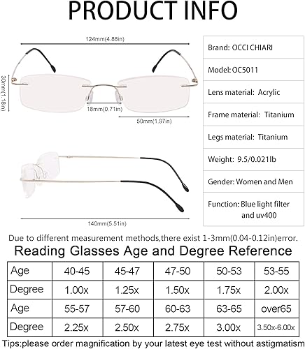 Miniatura 5 de OCCI CHIARI Gafas de lectura 2.5 bloqueador de luz azul para mujeres lector de moda con bisagra de resorte de metal sin marco de titanio 1.0 1.25