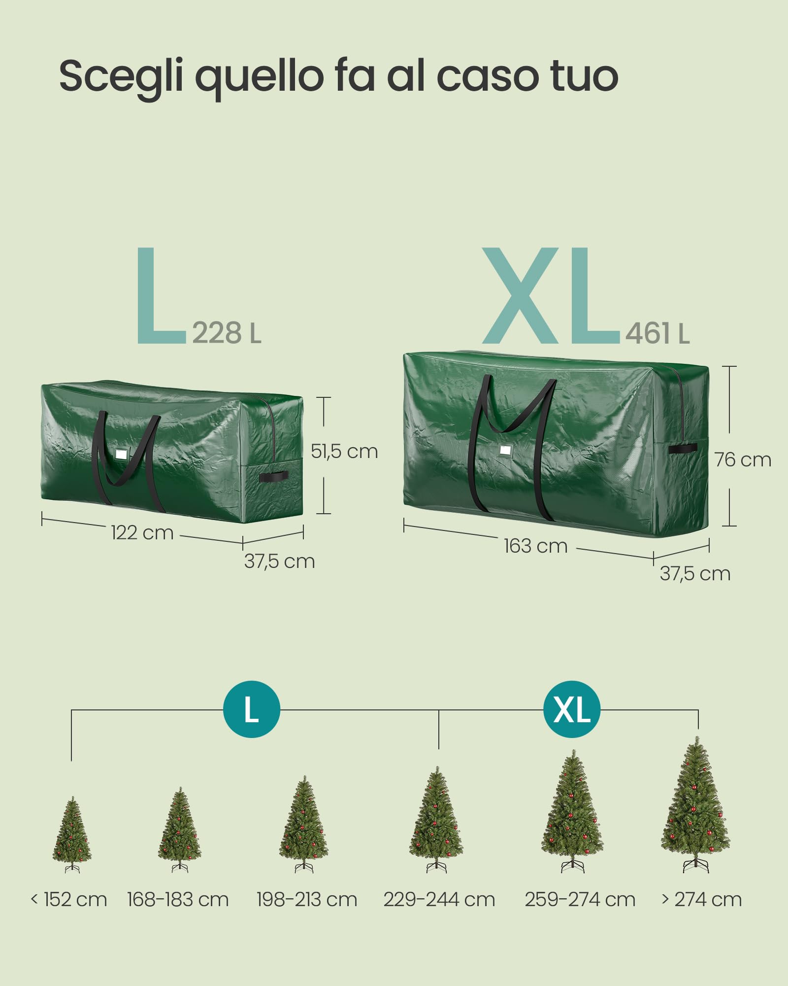 SONGMICS Borsa per Albero di Natale, Custodia per Albero Smontabile fino a 274 cm, Cuciture Interne Rinforzate, Maniglie Lunghe, con Cerniera, PE, Verde RXS006C01