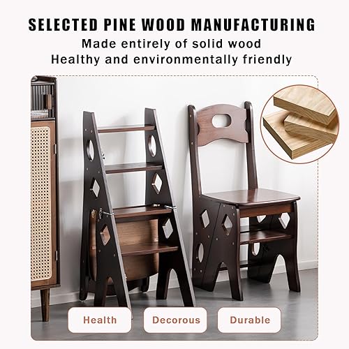 Miniatura 8 de Wooden Library Ladder Chair, Step Stool Chair Foldable, Step Ladder 4 Step Folding, Ideal for Home,Library and Kitchen, Works as Flower StandStorage