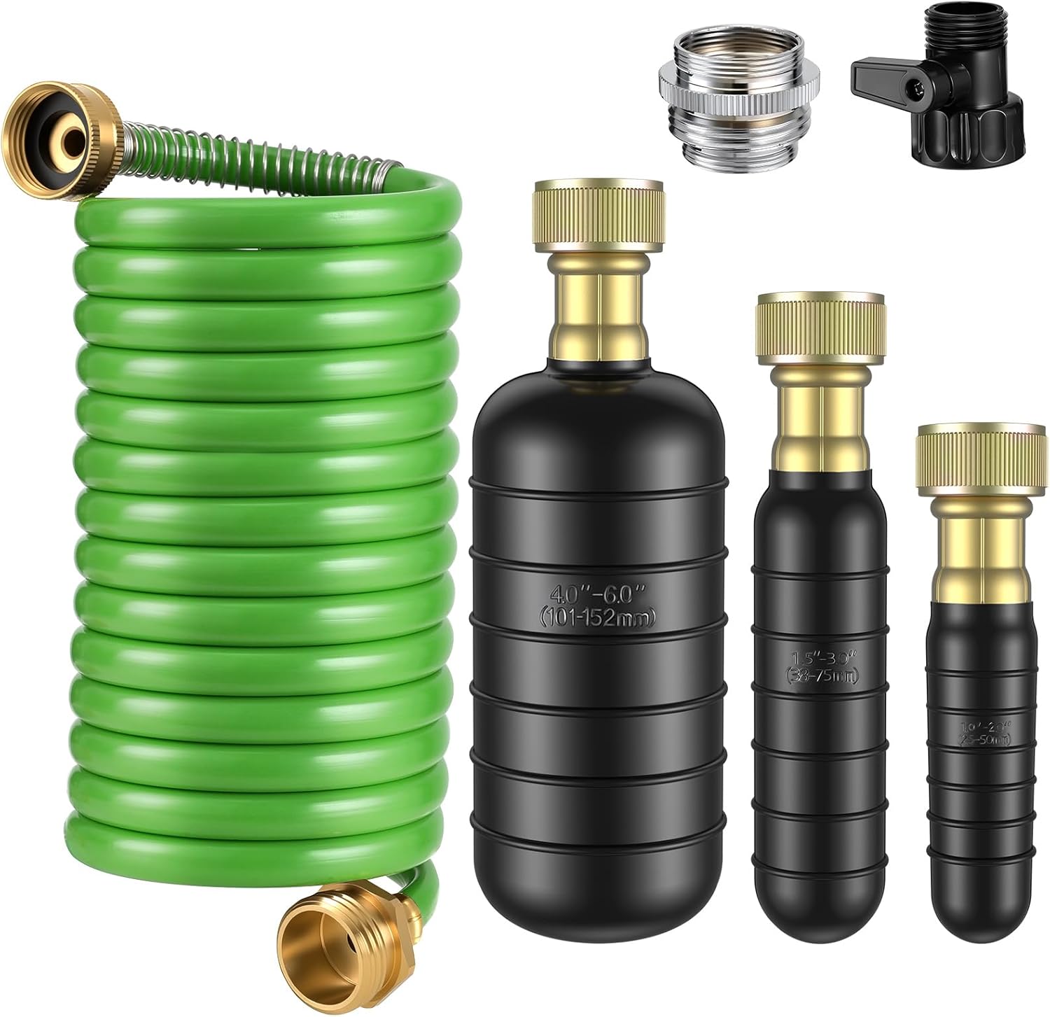 3 Pcs Drain Bladder Kit, Drain Cleaning Bladder Fits 1" to 6" Pipes, with 10 ft Retractable Hose, Shut-Off Valve & Brass Faucet Adapter Fits Most Faucets– For Sinks, Showers, Pools & Drains (Green)