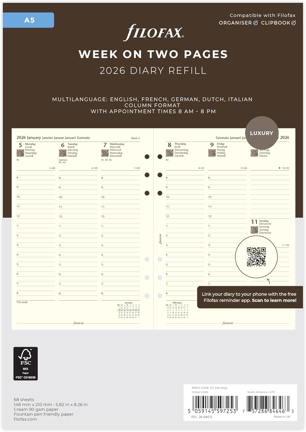 Filofax A5 week on two pages column format 5 language cotton cream 2026 diary 26-68513