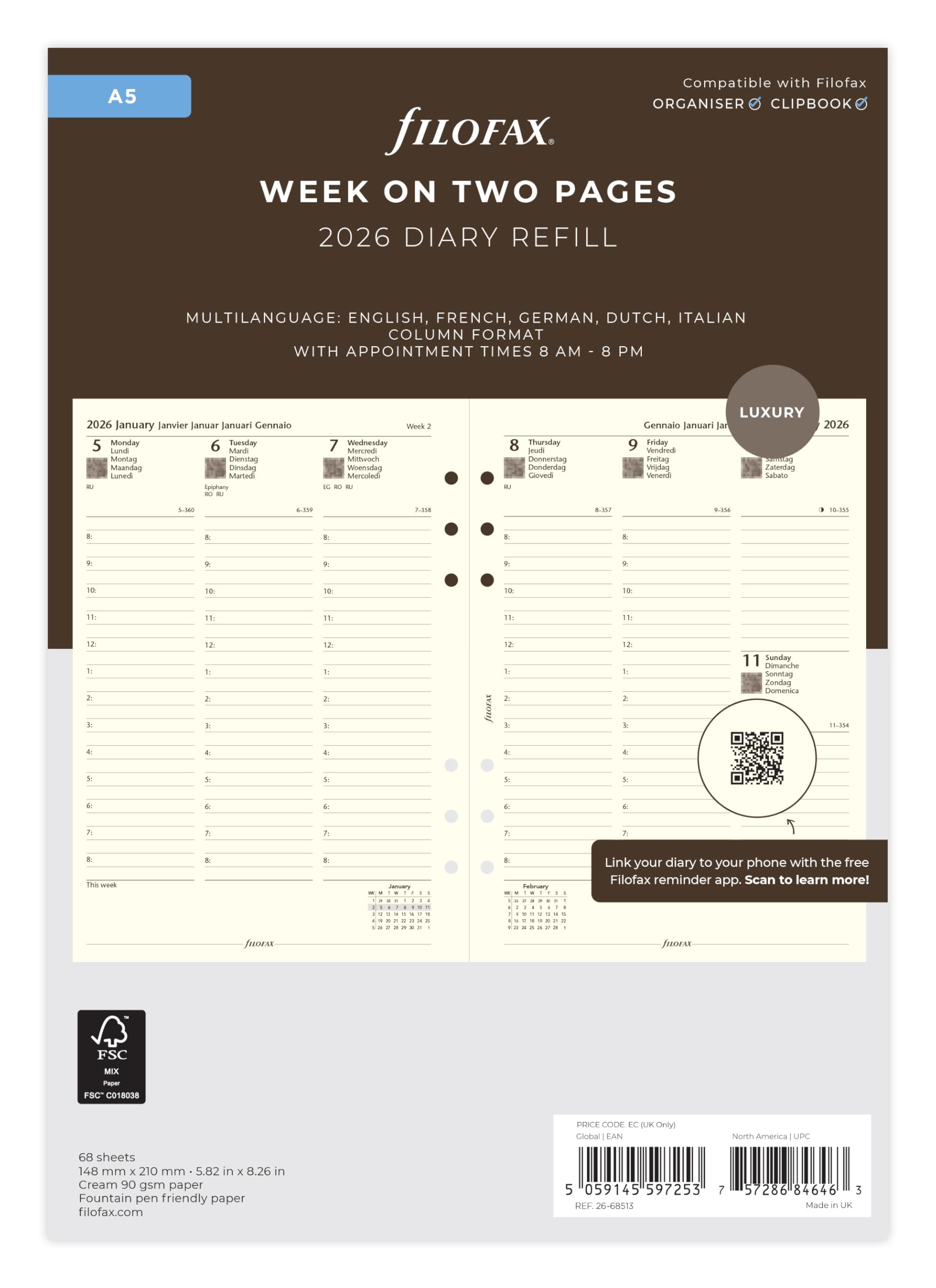Filofax A5 week on two pages column format 5 language cotton cream 2026 diary 26-68513