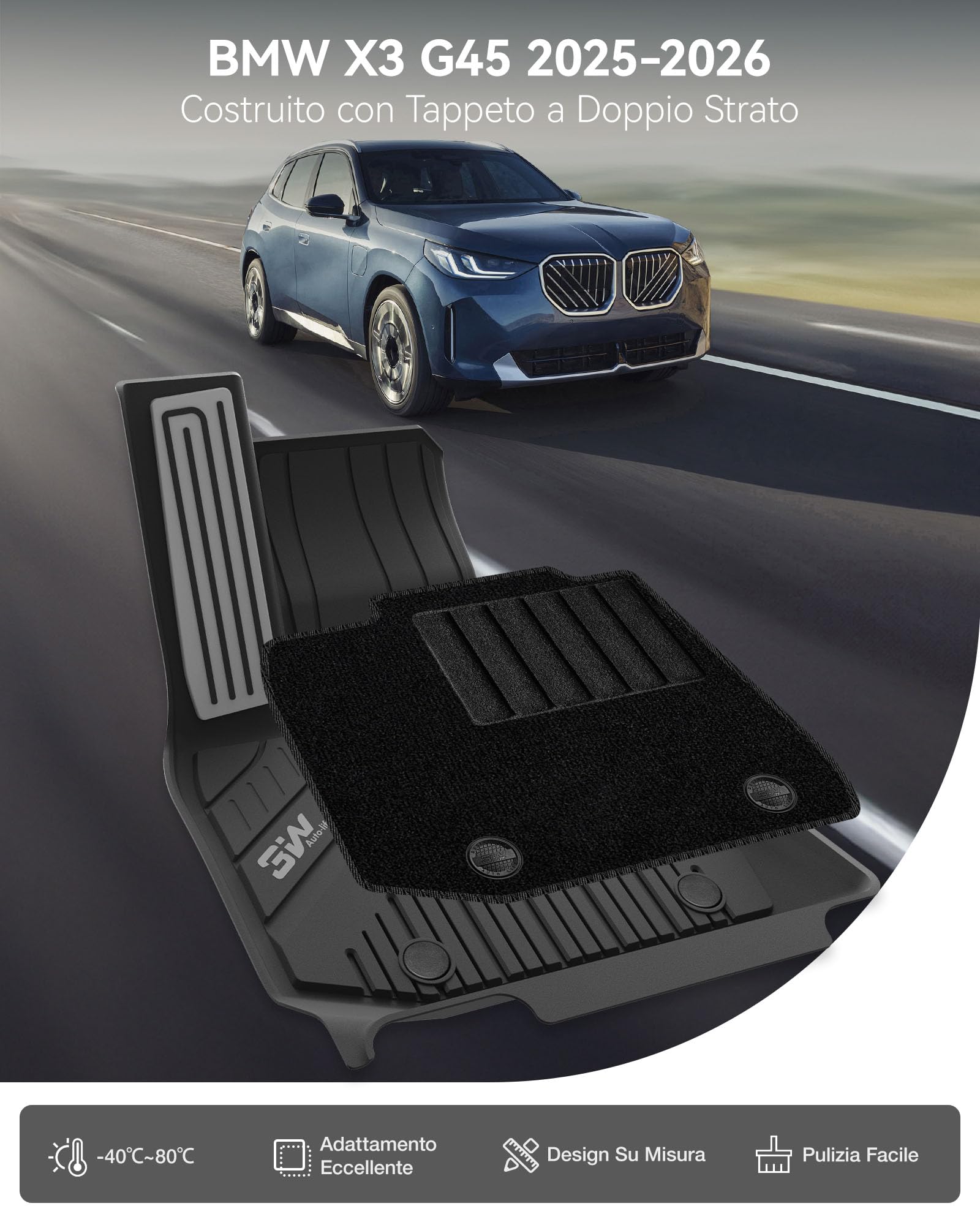 3W Set Completo 7 Pezzi Tappetini Auto per BMW X3 G45 2025-2026, in Thorex™ con Inserto in Moquette, Include Vasca Baule Posteriore, Antiscivolo e Resistente