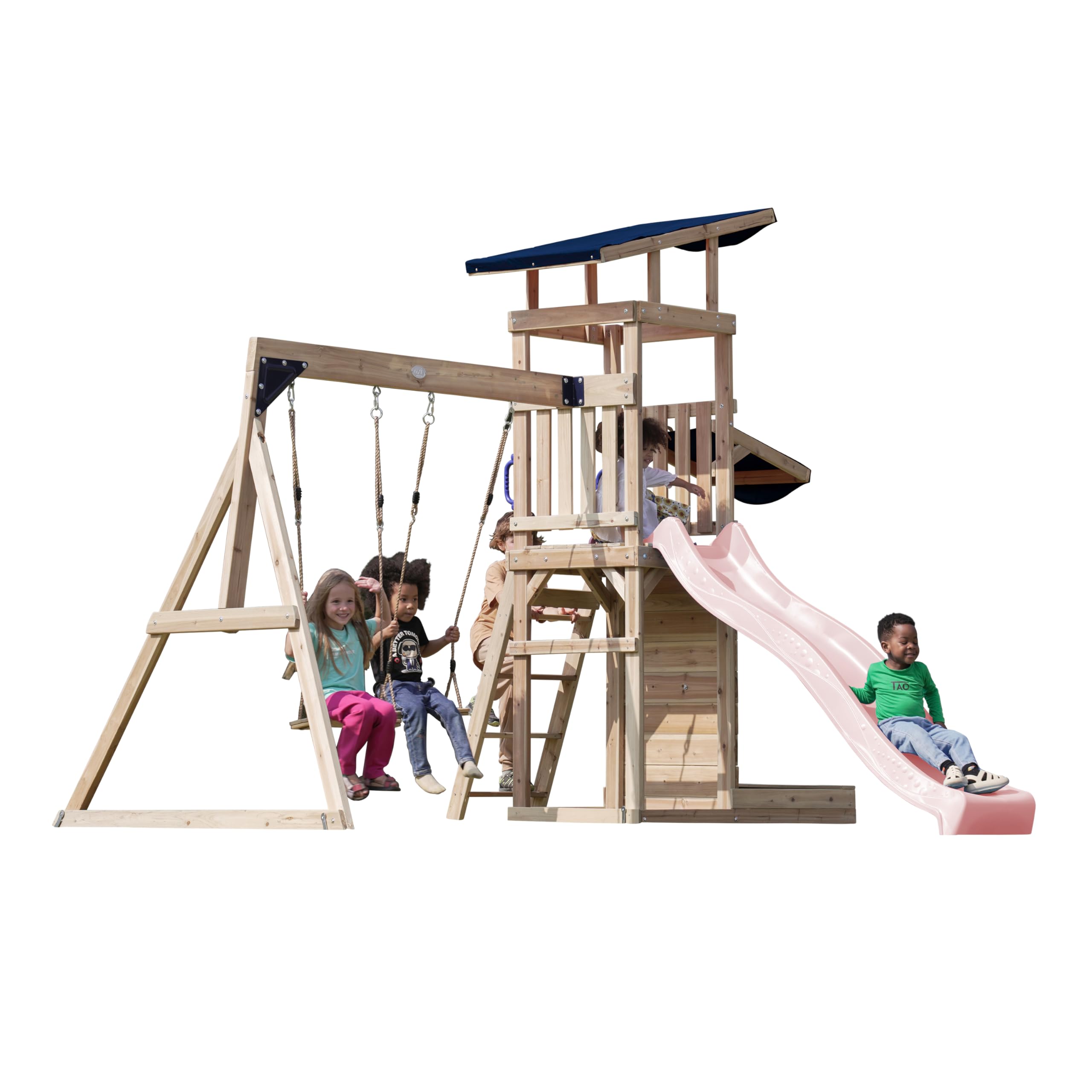 AXI Malik Spielturm aus Holz mit 2 Schaukeln | XXL Spielhaus/Spielplatz für Kinder mit Sandkasten, Spielwand & Rutsche in Pastellrosa | Schaukelgerüst für den Garten