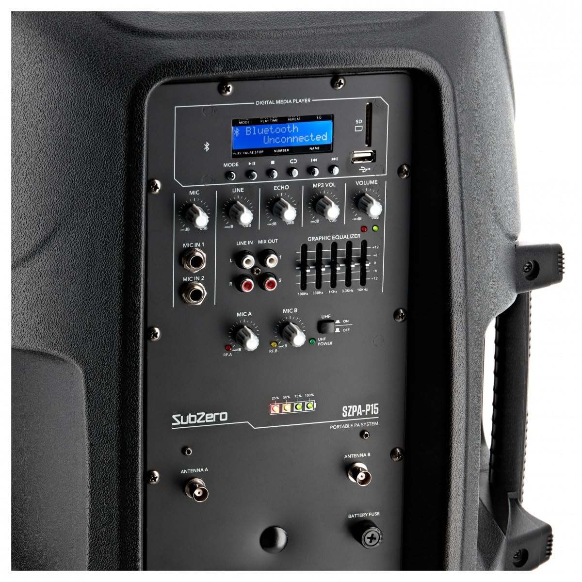 SubZero P15 Tragbarer PA-Lautsprecher mit Bluetooth und Funkmikrofonen | Bis zu 4 Stunden Akkulaufzeit, Trolley-Design mit Rollen, Mediaplayer mit USB, SD und Bluetooth