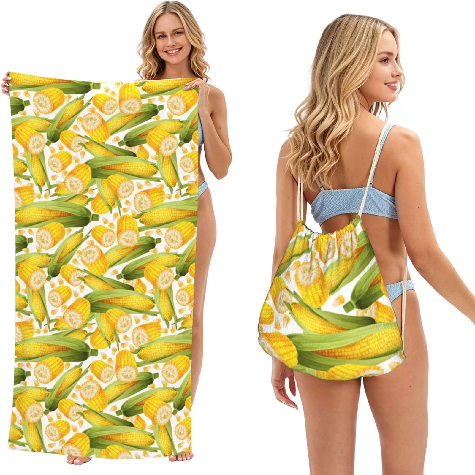 Noble Ren Corn Pattern 2 In 1 Packable Towel Bag Beach Backpack Unisex Suitable For Travel Picnic Vacation And Camping