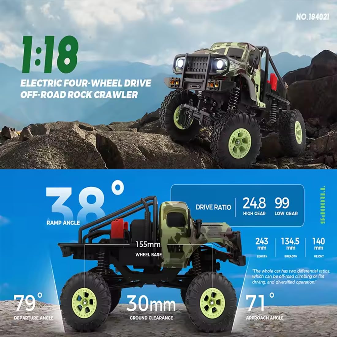 NULA Auto RC fuoristrada, 1:18, 4WD 9 km/h, fuoristrada, auto fuoristrada, 2,4 GHz, auto elettrica per arrampicata con luci a LED per adulti - RTR