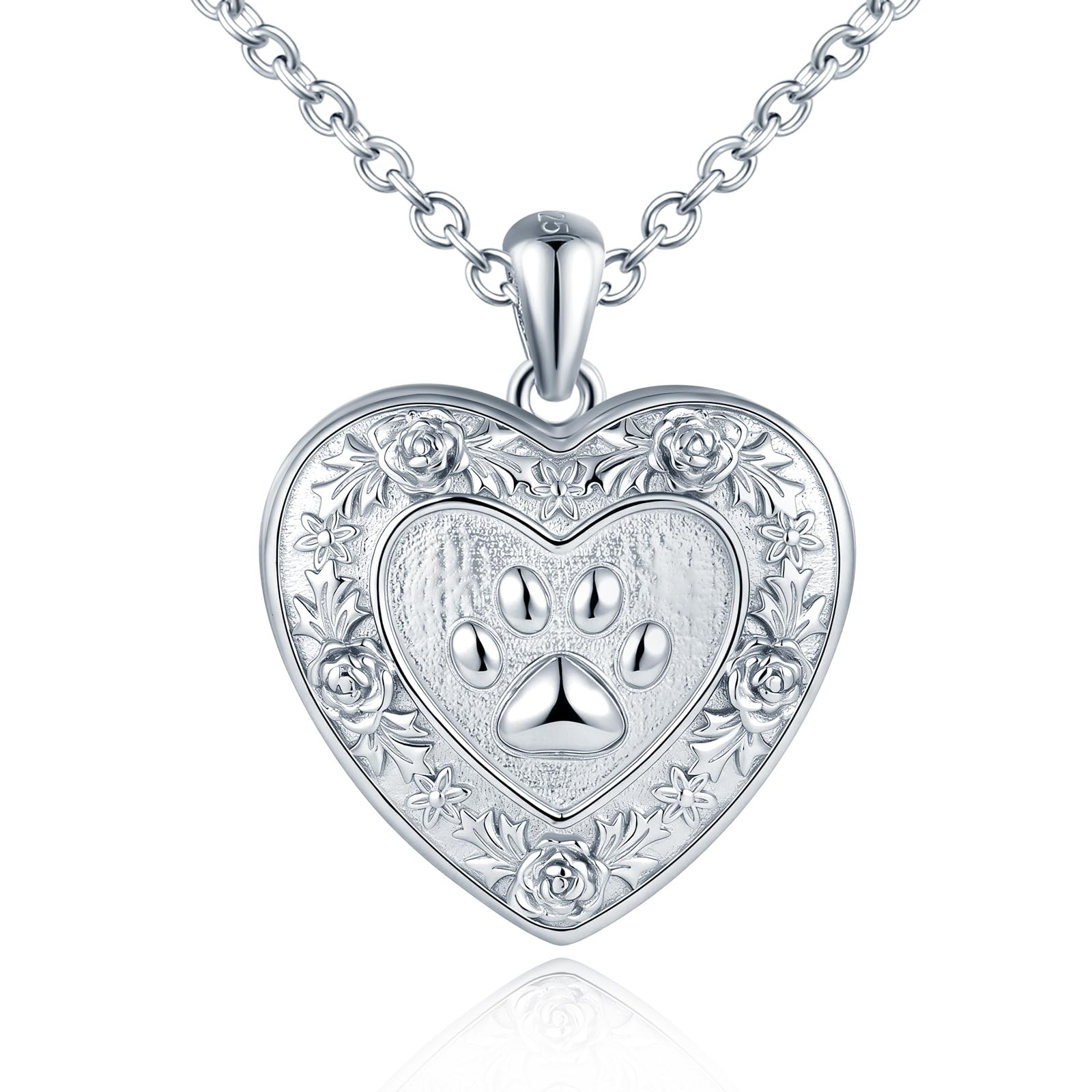 Plata de Ley 925 Collar Personalizado Corazón para Fotos, Colgante con Huella y Flores de Rosa Medallón con Cadena Joyería Personalizada para Mujer Niña Amante de Perro/Gato