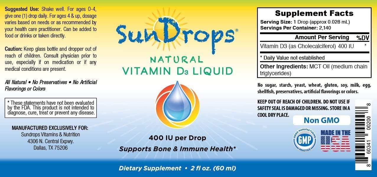Sundrops Vitamin D Drops for Infants - Gluten-Free, Non-GMO and All Natural - D3 ,400 IU = 1 Drop = 100% Daily Value - Safe Concentration for Your Baby - 60 mL (2 fl oz) = Over 2,000 Doses! (3 Pack): Health & Personal Care