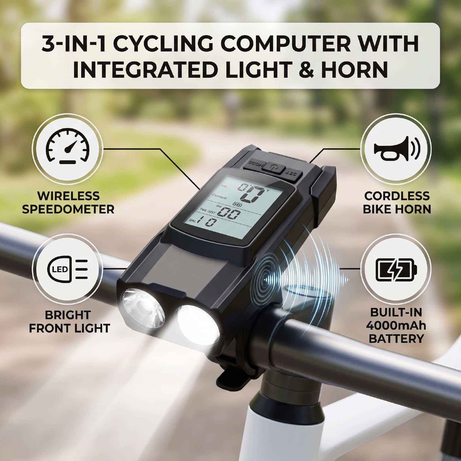 Naroote Compteur Vélo sans Fil 3 en 1 Klaxon Lumière écran