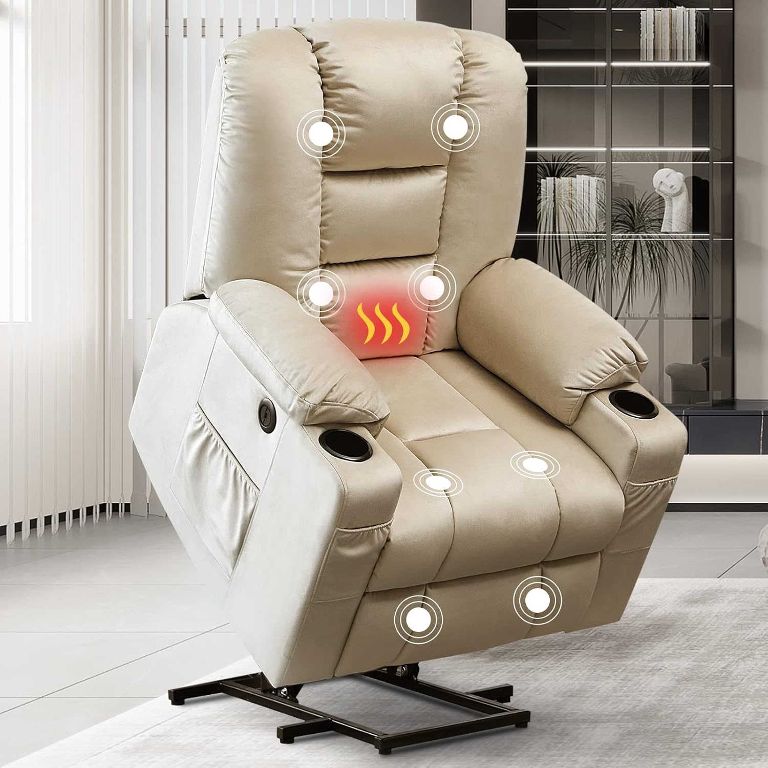 SENYUN Electric Power Lift Recliner Chair with Massage and Heat for Elderly, Remote Control,Plush Fabric Reclining Chairs for Seniors w/Cup Holder Side Pockets for Living Room (Beige)