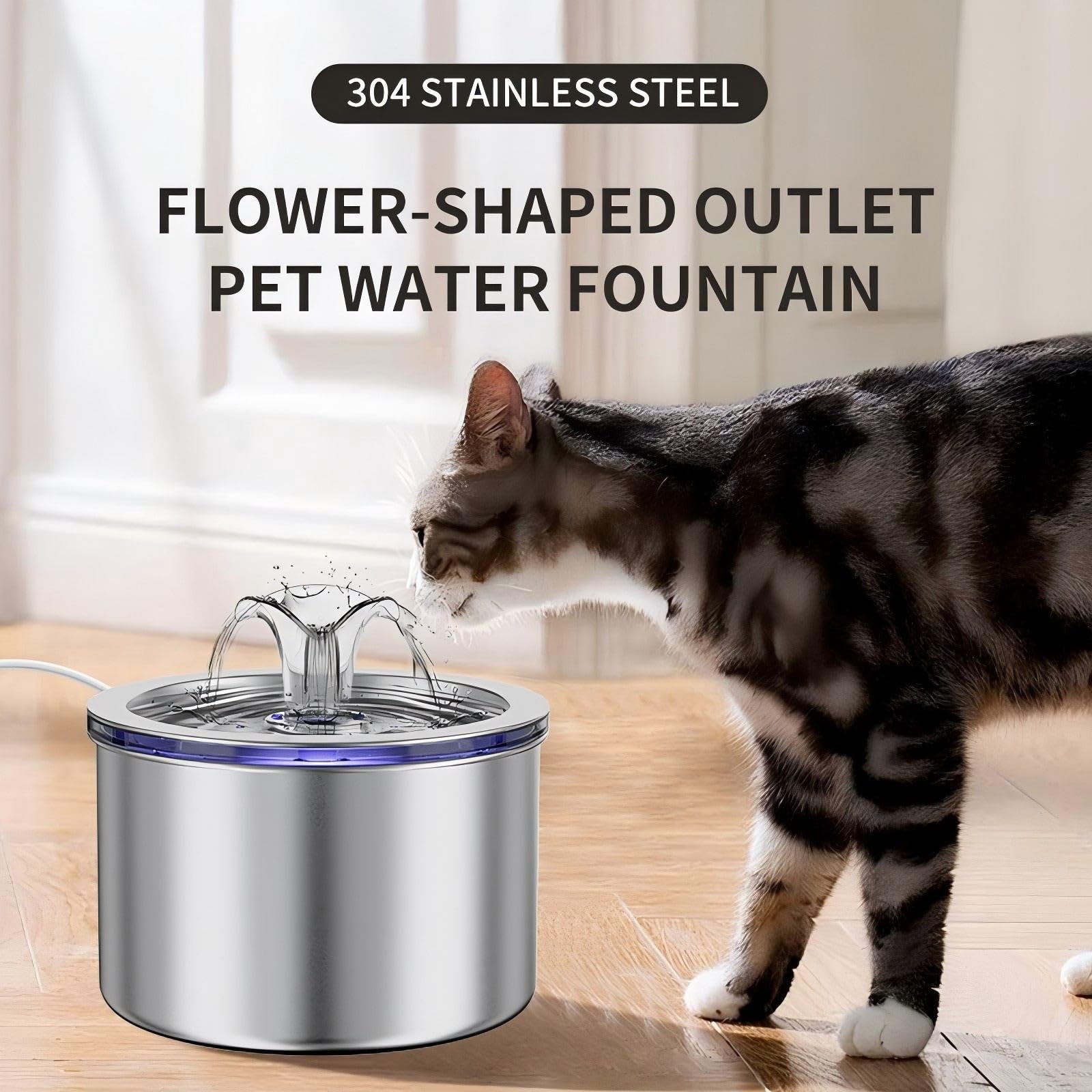 74oz/2.2L Stainless Steel Cat Water Fountain, Automatic Pet Water Dispenser for Cats and Small Dogs, 304 Stainless Steel, Ultra-Quiet Pump, Night Light, Auto Shut-Off for Water Shortage - image 3