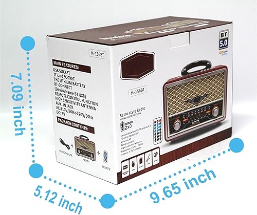 Miniatura 6 de M-156BT Radio retro portátil FM AM SW, con Bluetooth, batería recargable, tarjeta TF de soporte, reproducción USB, altavoz estéreo, radio DSP