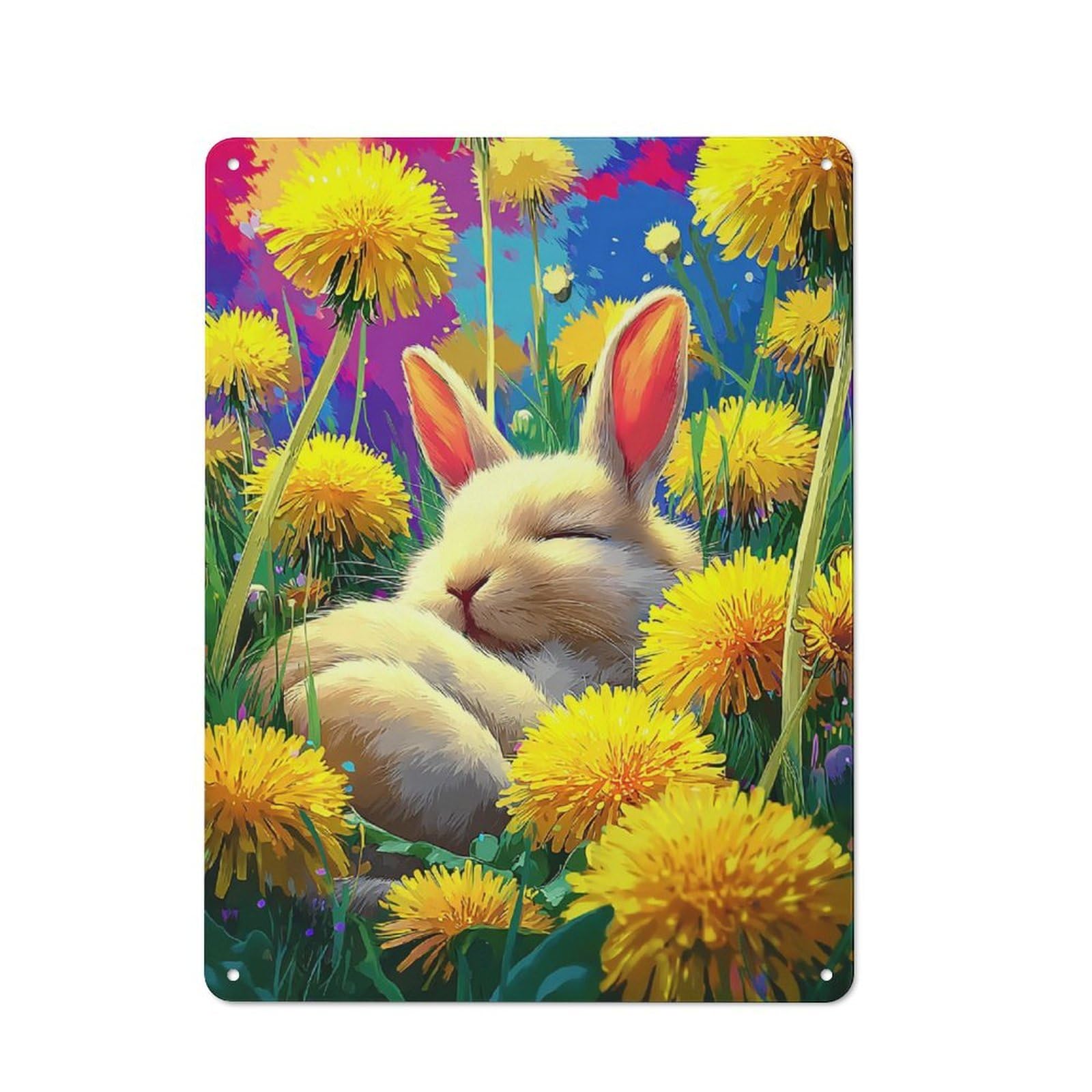 Junmoney Sleeping Bunny In Dandelion Field -1 Farmhouse Metal Sign With Design 40X30cm, Rustic Rustic Kitchen Decor For Dining Room, Cafe, Entryway Or Family Room