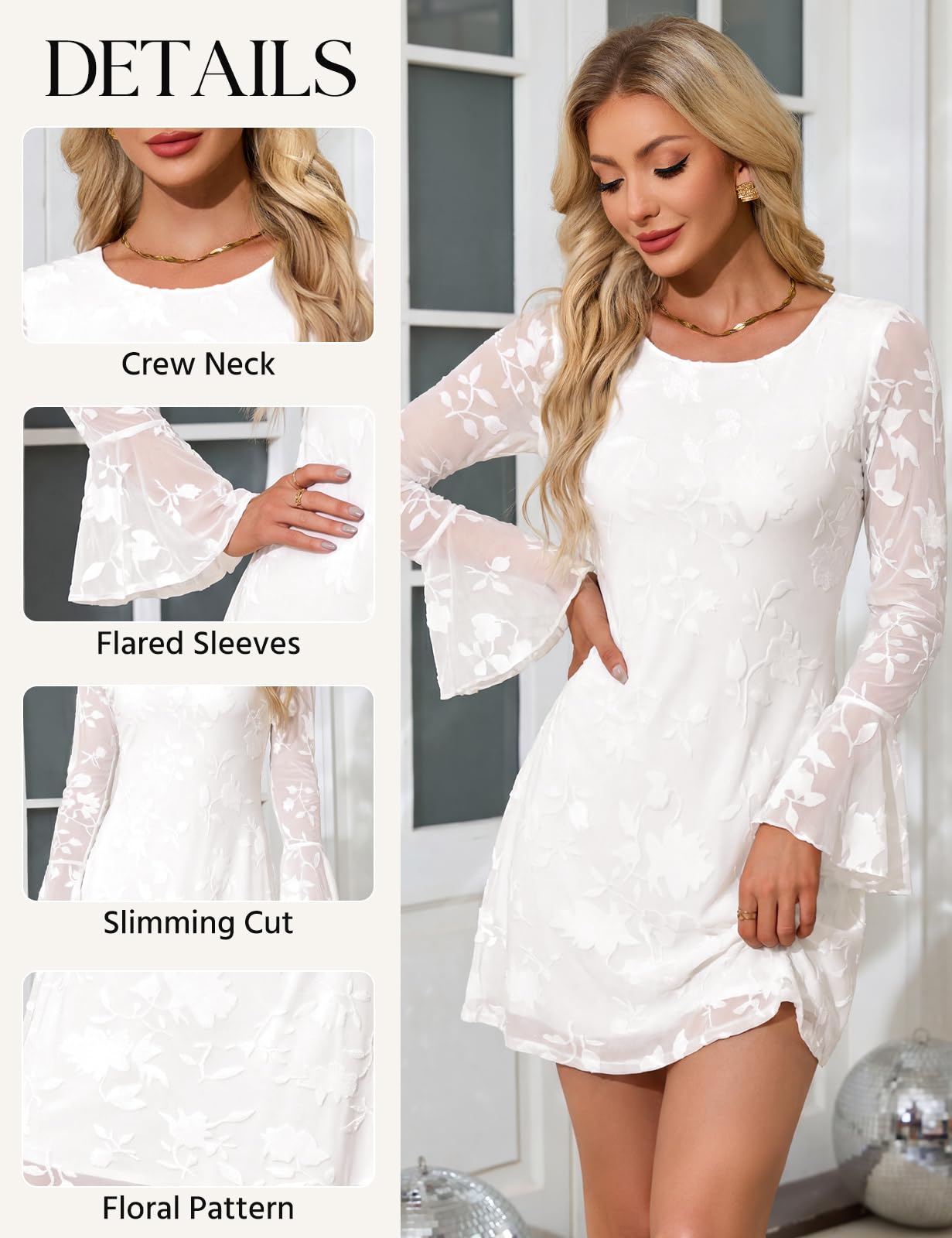 Robe Femme Manches Longues Mini Robe Soiree Chic et Elegant | Robe Cocktail, à Col Rond, Robe Manche Longue, Trapeze, Dentelle, Robe Ceremonie Sexy, Portefeuille,Automne, Hiver
