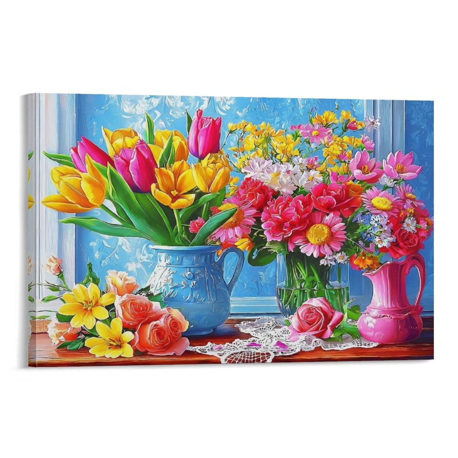 CPLVKWRQJ Spring Flower Arrangement Individual Mixed Fresh Flowers Inside Two Ceramic Vases Canvas Print - Office Wall Art Fade Resistant Statement Piece Ready to Hang 16x24inch(40x60cm)