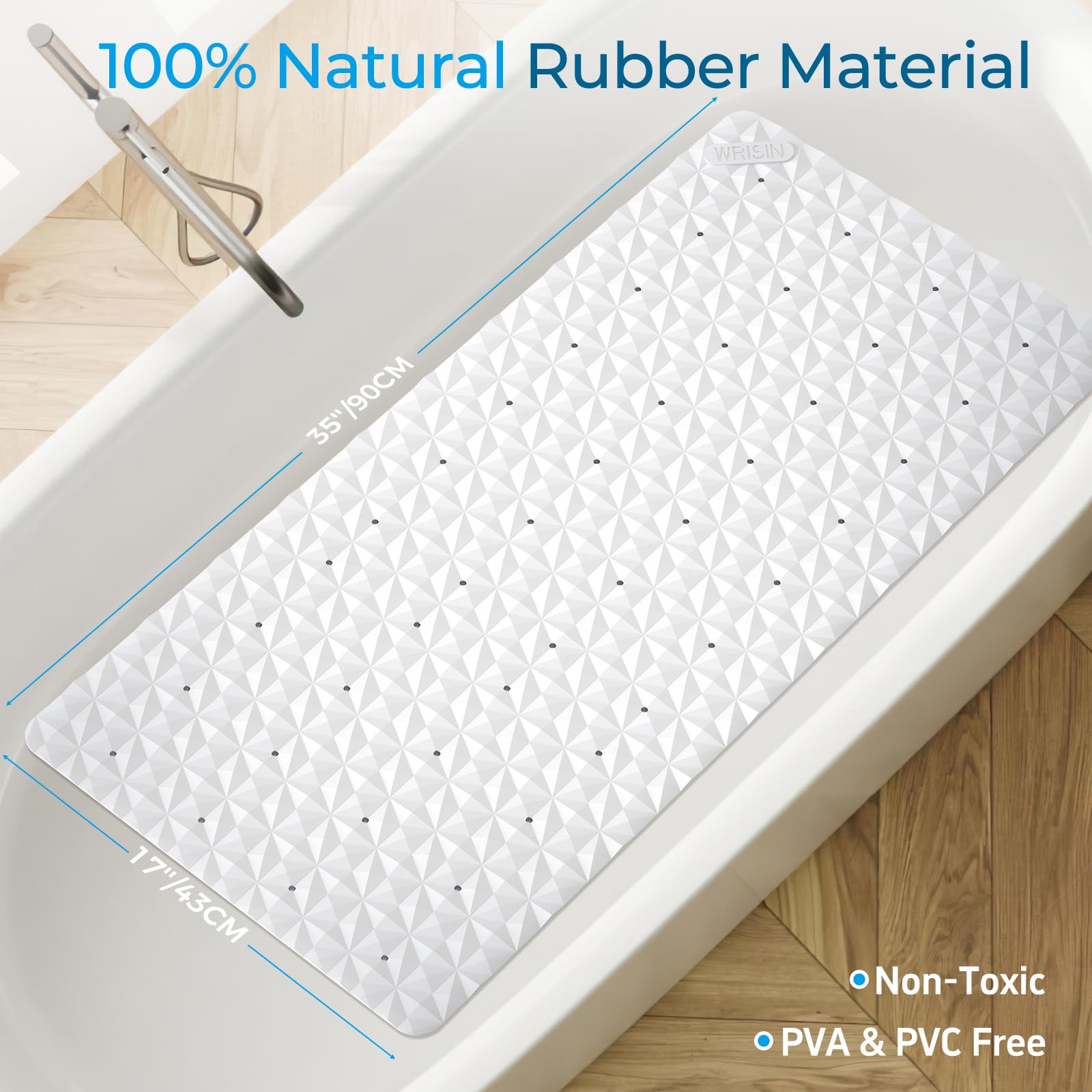 Tappetino antiscivolo per vasca da bagno e doccia, tappetino in gomma naturale con ventose e fori di scarico, senza BPA e PVC, lavabile in lavatrice, motivo a rombi unico, 43 x 89 cm