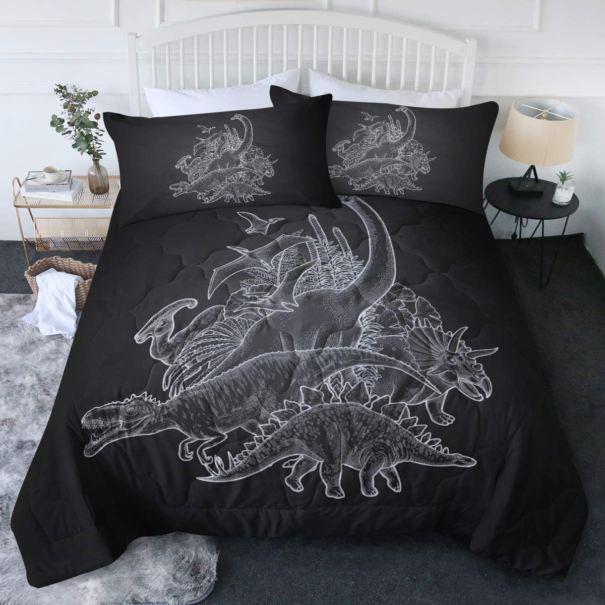 BlessLiving Dinosaur Comforter Set Vintage Black and White, Boys King Dino Bedding Sets Pillowcases 3 Piece Realistic Dinosaurs Reversible Comforter