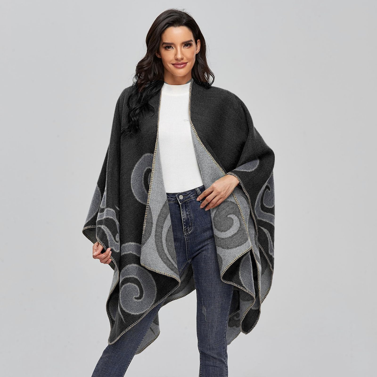 LumiSyne Invernale Scialle in Cashmere per Donna Poncho Cape Lavorato a Maglia Stile Etnico retrò Cardigan Maglione Aperto Scialle Coperta Spessa Caldo Pashmina Sciarpa Grande Poncho Mantella Stola