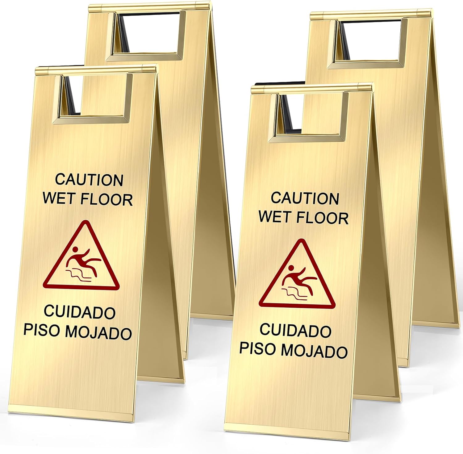 LEIFIDE 4 Pcs Stainless Steel Wet Floor Caution Sign Bulk 8.8 Pound Portable Foldable Handle Bilingual Safety Sign for Kitchen Restaurant Shop Commercial Use Avoid Fall and Slip Accident (Gold) INCOMPLETE