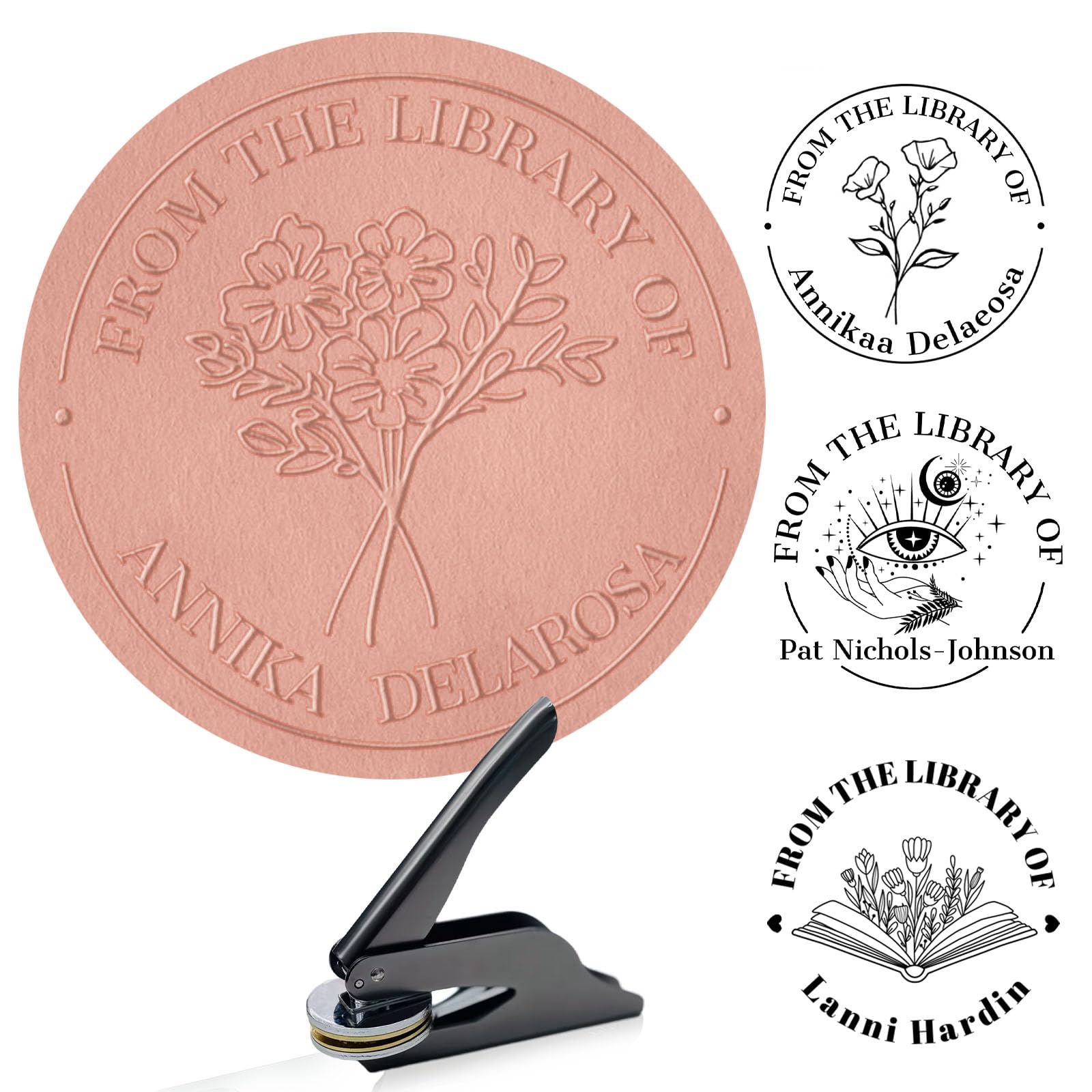 HJX Personalized Book Embosser Stamp Custom Floral Book Embosser Stamp with Name,from The Library of for Books Lover