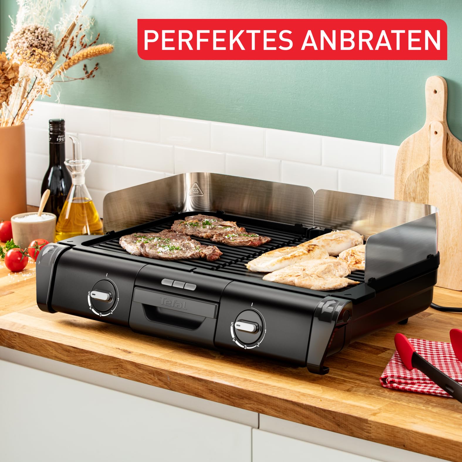 Tefal BBQ Family Elektrischer Tischgrill TG800N10, 2 getrennte Grillflächen, antihaftbeschichtet, Schwarz/Silber