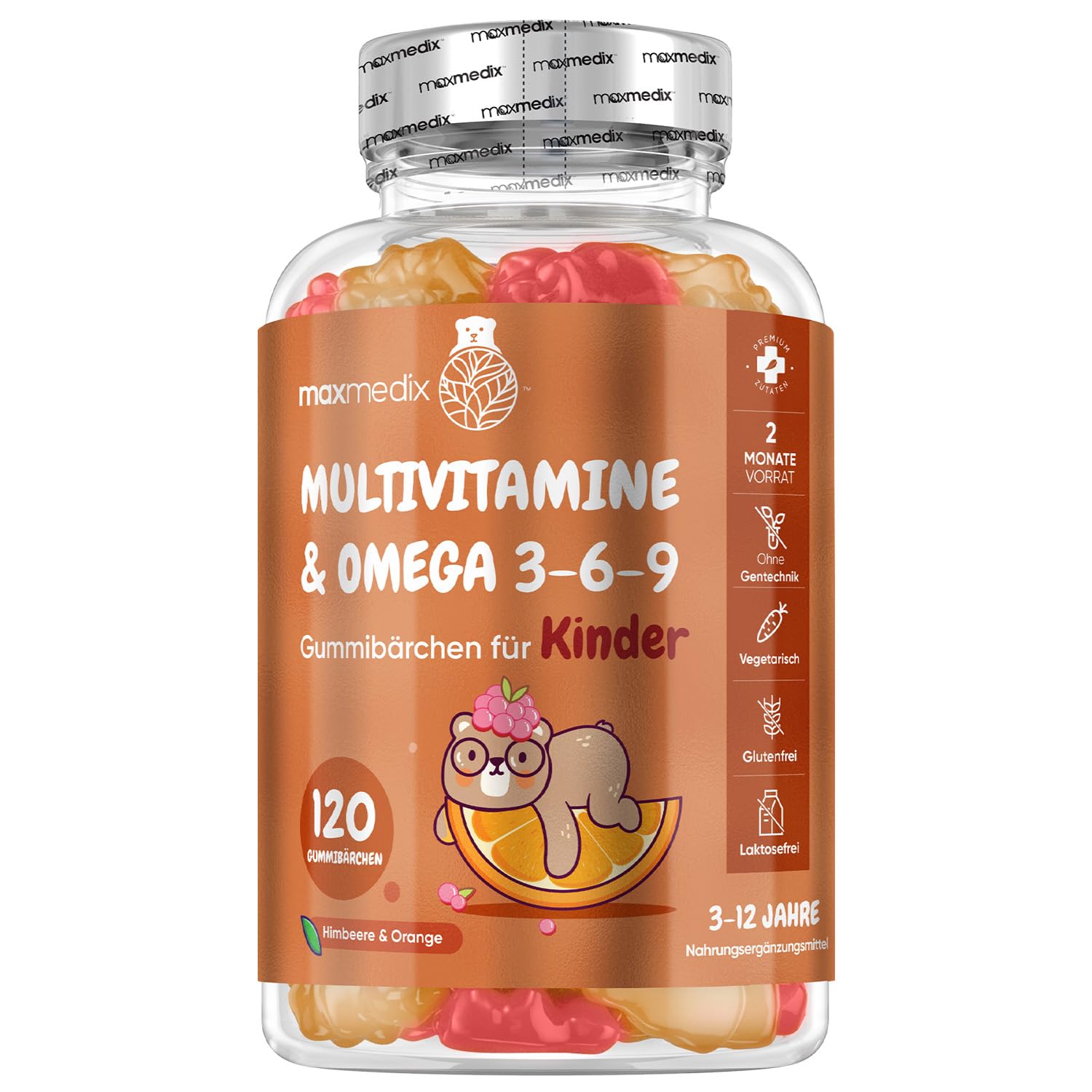 Multivitamin Gummibärchen für Kinder - Mit Omega 3 6 9, Vitamin C - 120 Multivitamin Kinder Gummies - Vitamin D3, B7, B12, E, B1, B2, B3, B5, B9 Jod, Zink - Mit Himbeer & Orangengeschmack - maxmedix