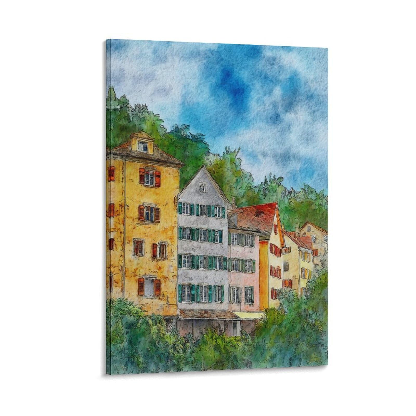 Lcynnh Frame-Style Tubingen Germany 24X36inch(60X90cm) Vintage Travel Poster Watercolor Canvas Art