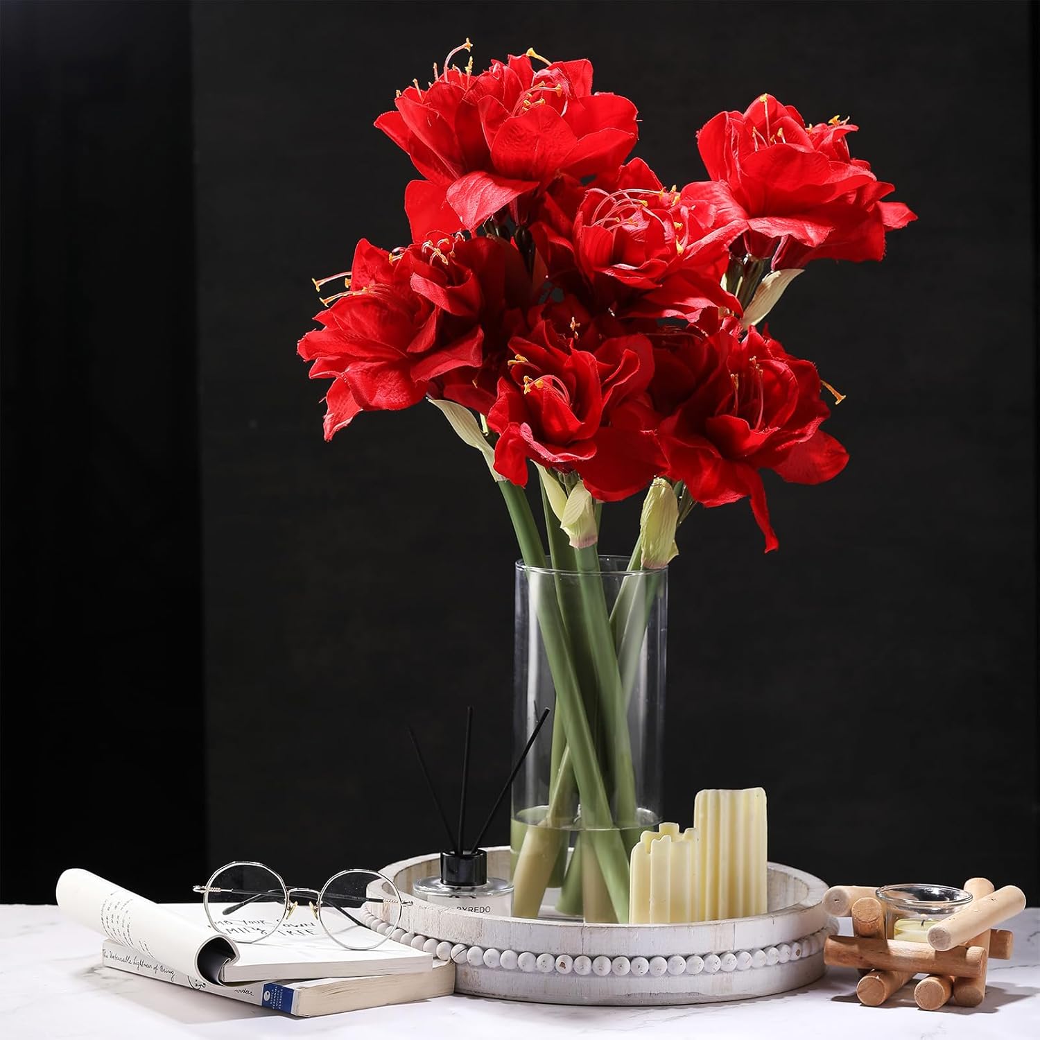 Jutom 6 Pcs Christmas Artificial Amaryllis Flowers Red Silk