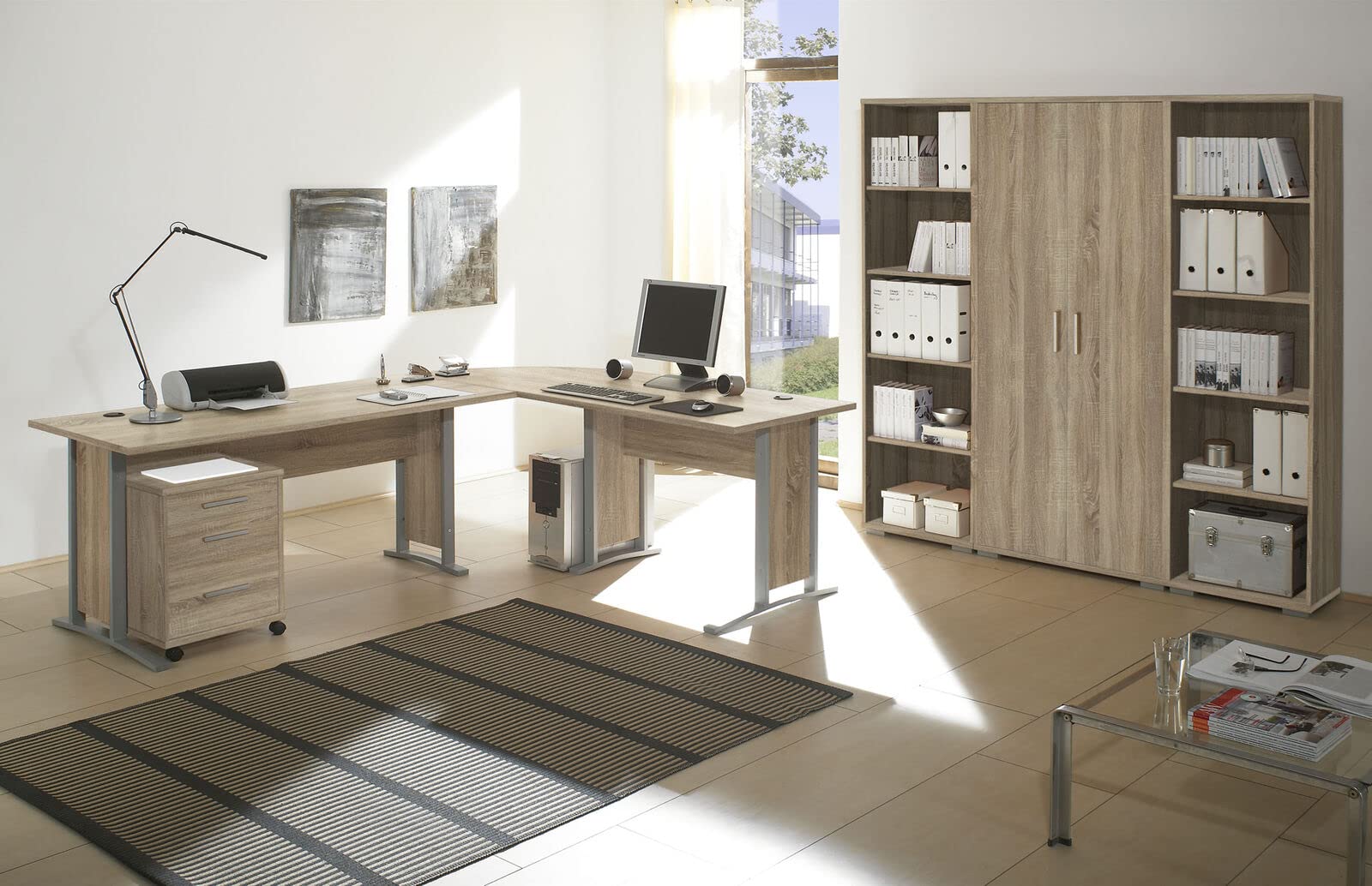M Möbel-Direkt Büromöbel Komplettset – Komplettbüro klein/groß in Eiche Sonoma und Weiß