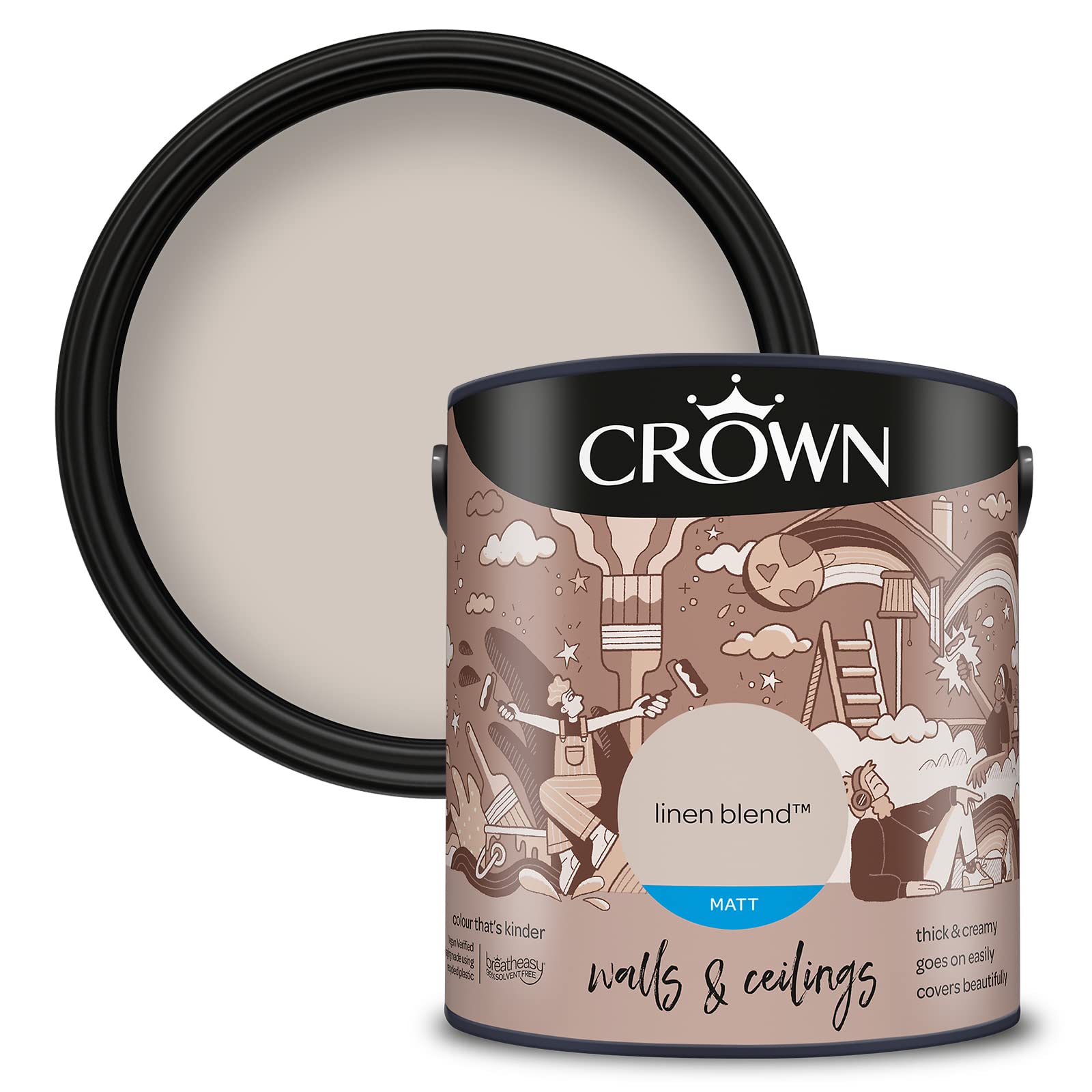 Crown Walls & Ceilings Interior Matt Emulsion Breatheasy Paint 2.5L- Linen Blend