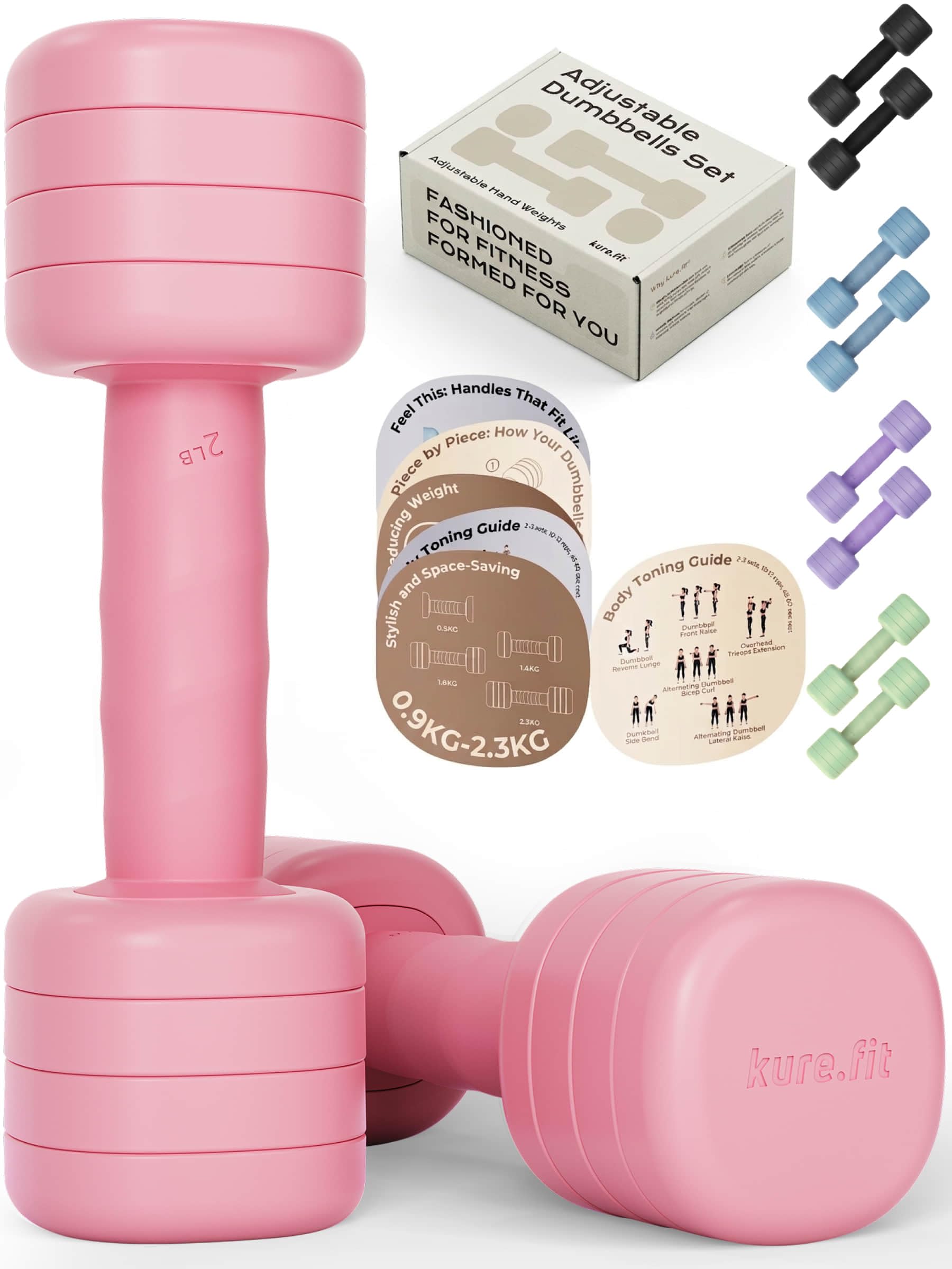 kure.fit Adjustable Dumbbell Set (0.9–2.3kg) | One-Twist Weight System | Ergonomic Non-Slip Grip | Home Gym Dumbbells for Pilates, Yoga, Rehab & Light Strength Training | For Women — image 1