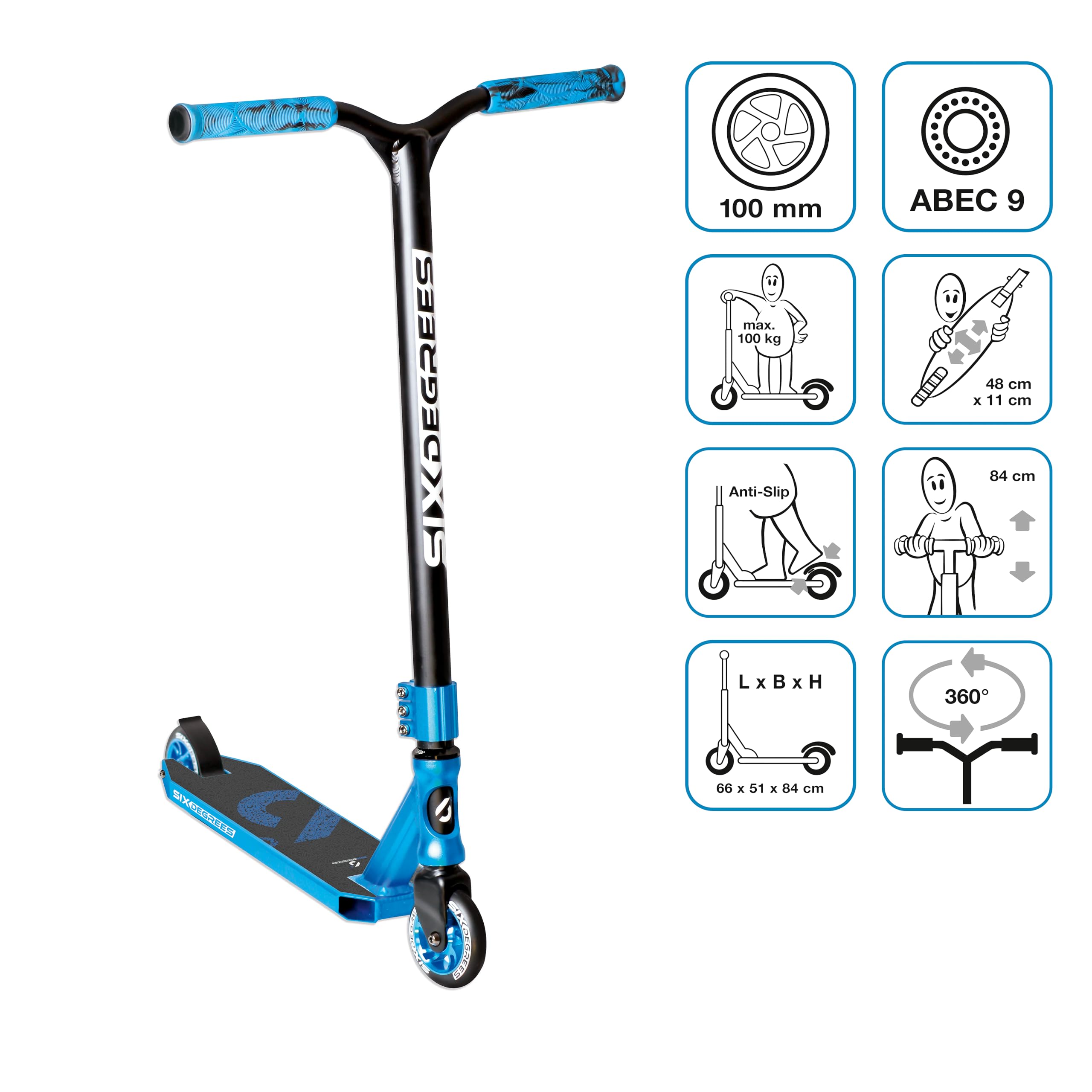 Six Degrees Aluminium Stunt Scooter - Freestyle Kick Scooter, 100 mm High Rebound Wheels, ABEC 9, Reinforced Wing Handlebars, 360° Steering